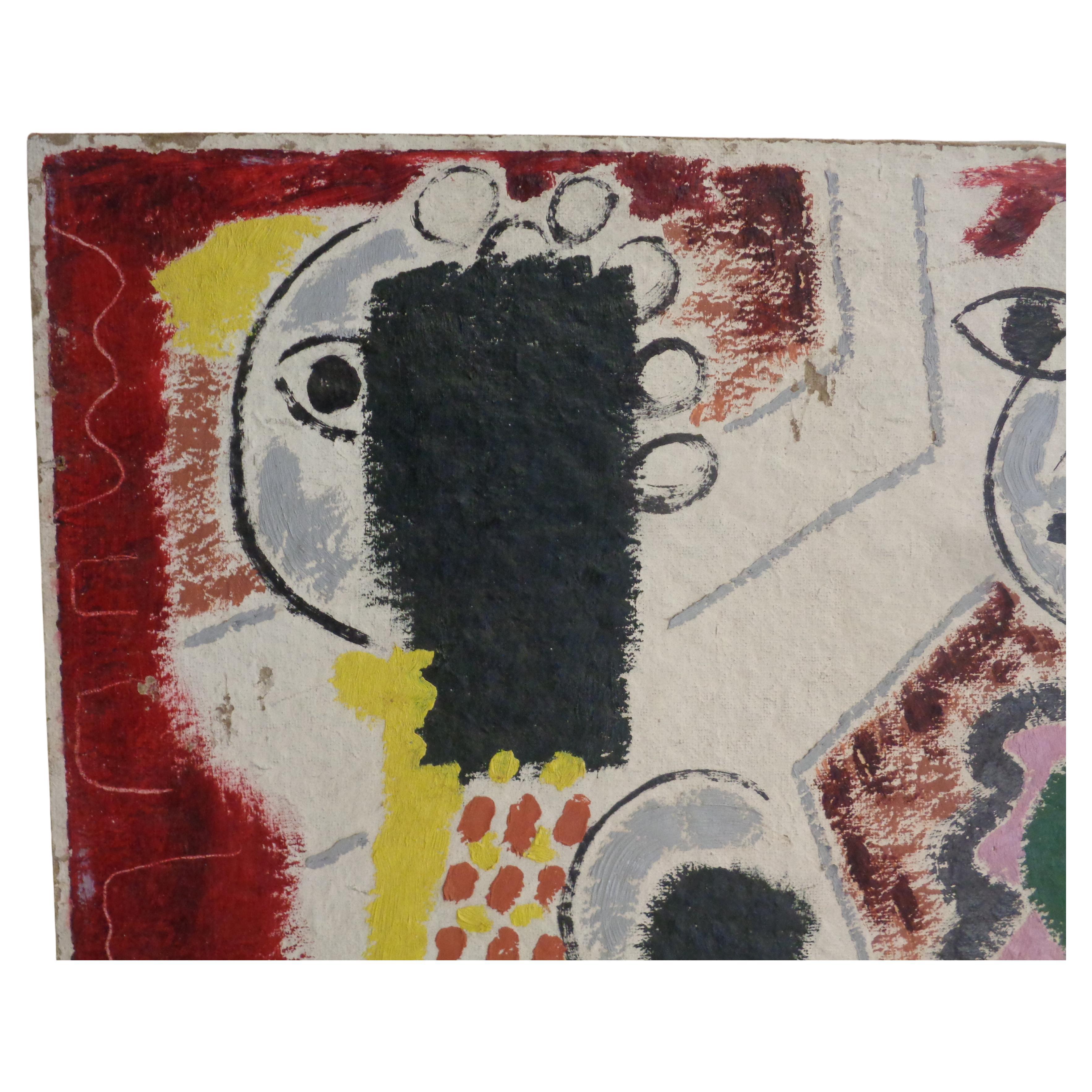 Hand-Painted Primitive Figural Abstract Painting - Zoute 1942 For Sale