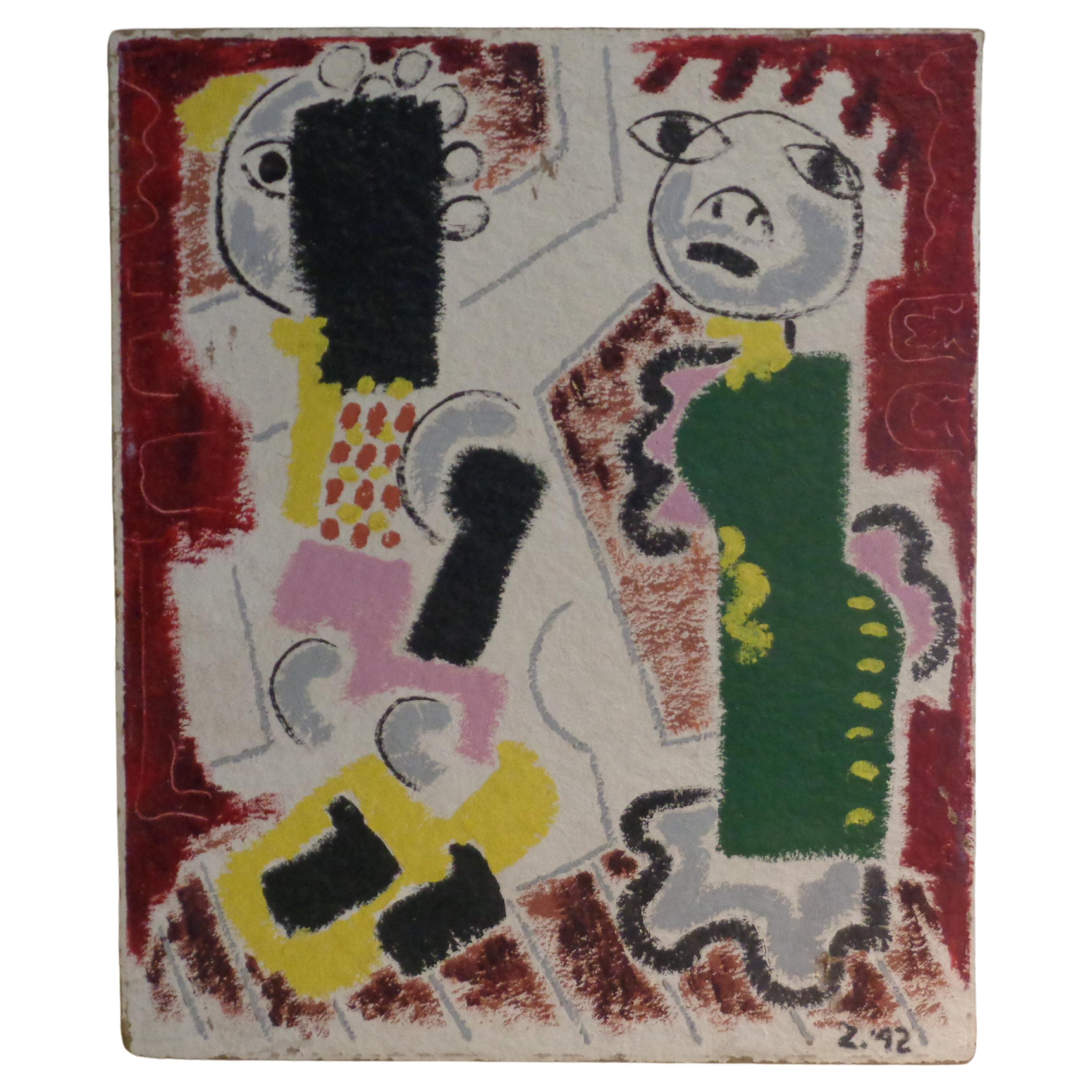 Primitive Figural Abstract Painting - Zoute 1942 In Good Condition For Sale In Rochester, NY