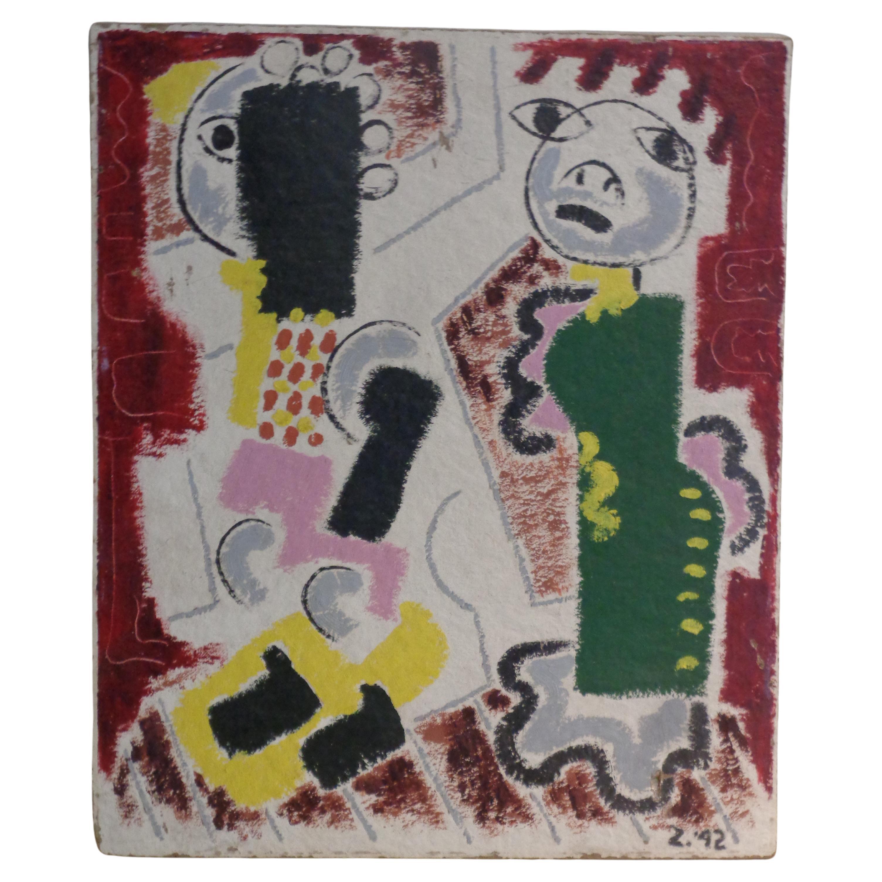 Primitive Figural Abstract Painting - Zoute 1942 For Sale