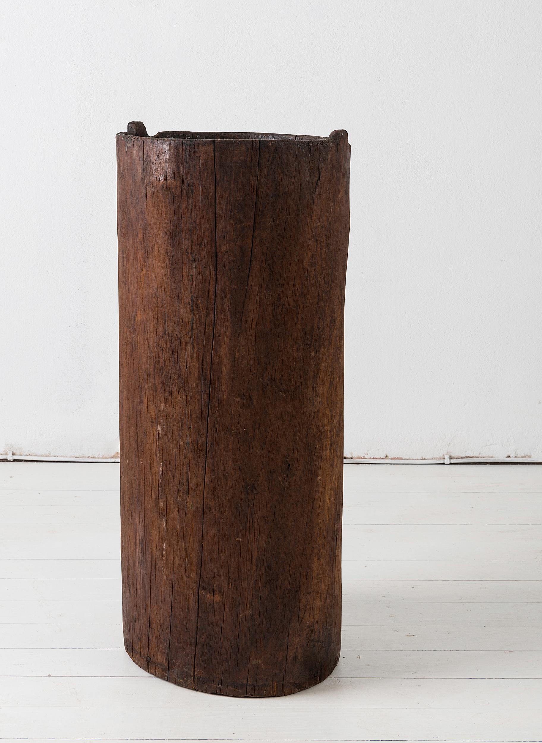 Belgian Primitive Flemish Black Antique Tree Trunk Grain Barrel