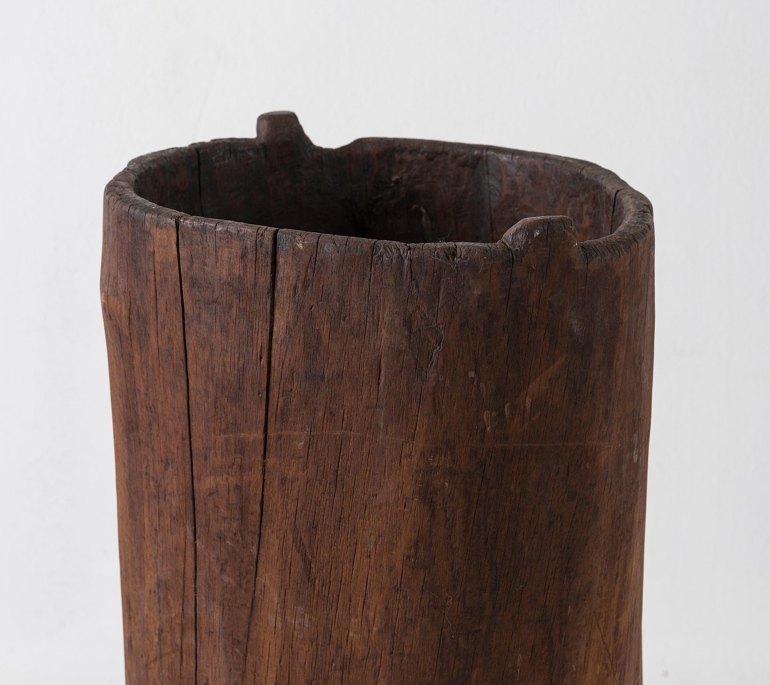 Carved Primitive Flemish Black Antique Tree Trunk Grain Barrel