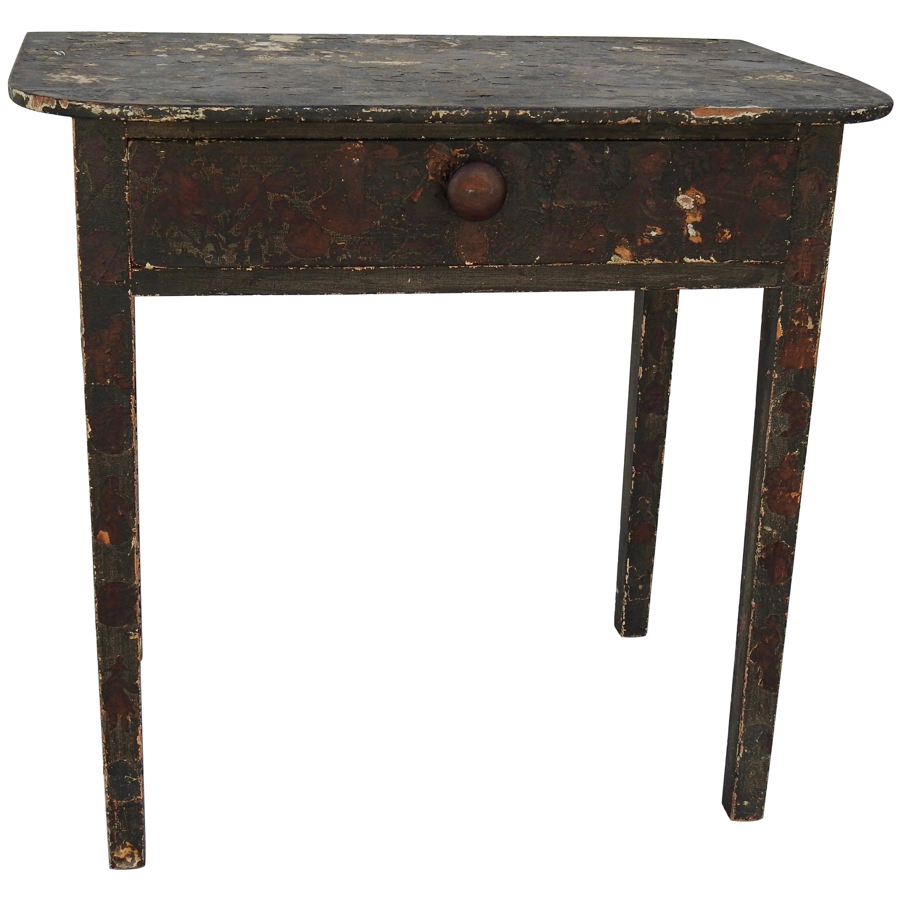 Primitive Folk Art Decoupage Work Table, 19th Century