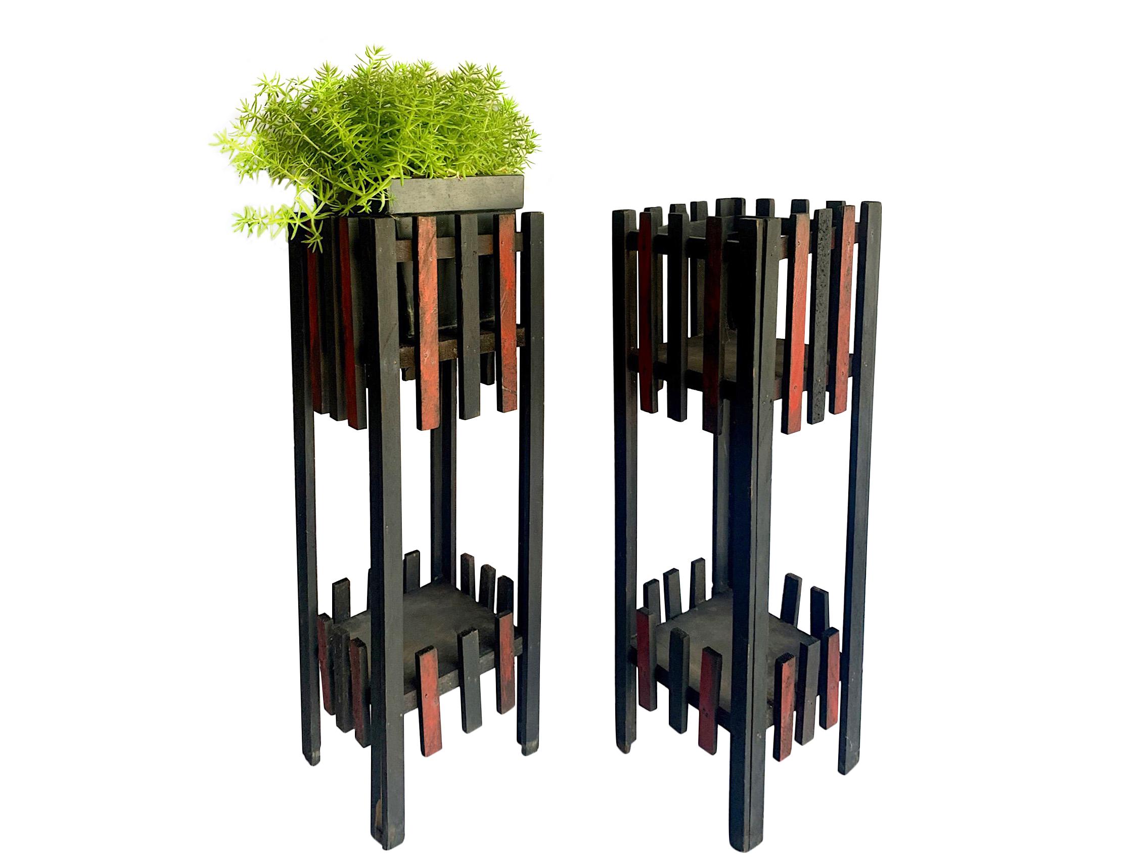 Hand-Crafted Primitive Folk Art Handmade Painted Wood Plant Stands, Pair For Sale