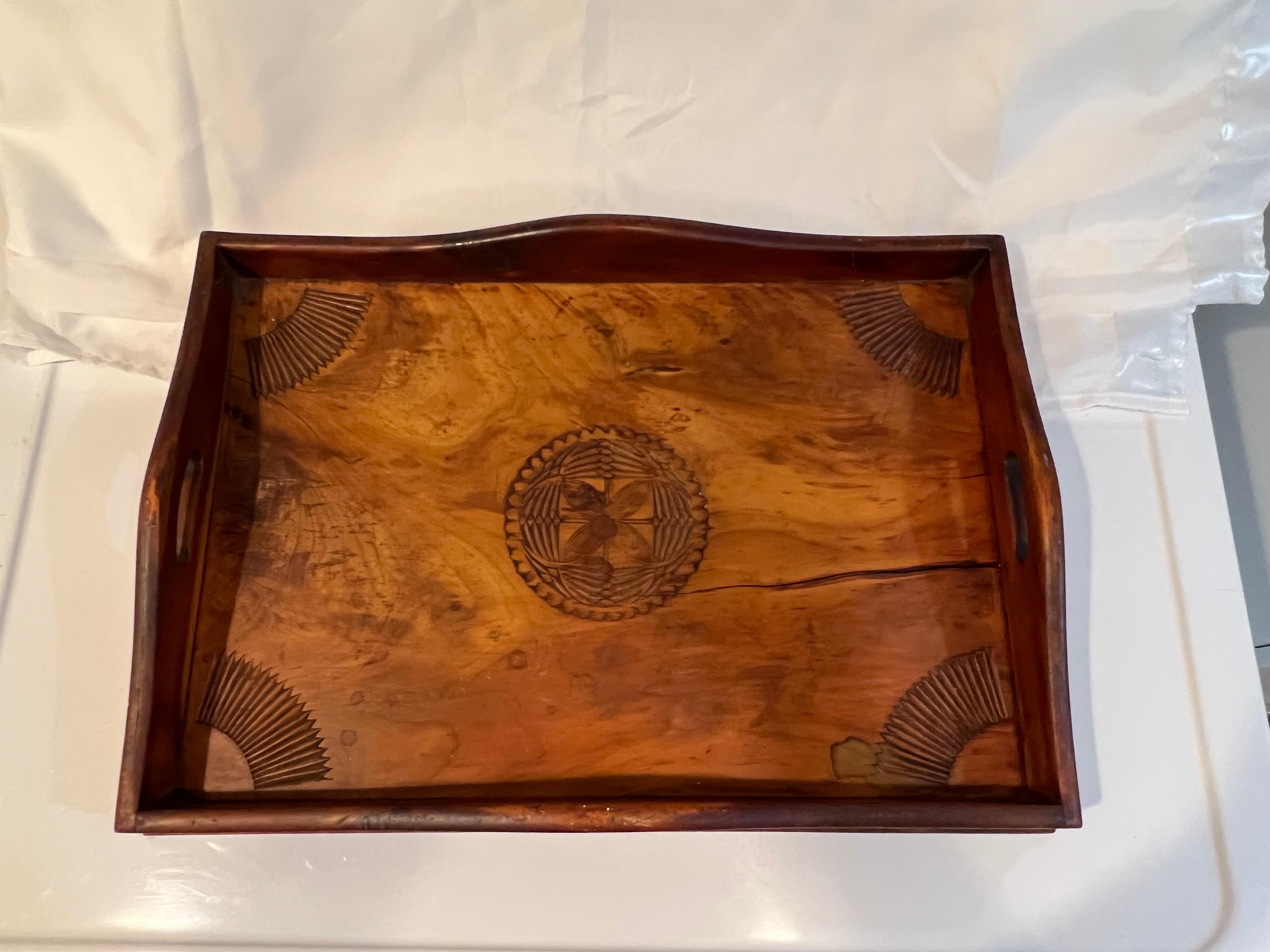 Primitive Folk Art wooden tray. Most likely Pennsylvania Dutch. All hand carved in the Frisian Chip Cut technique. Intricated detail with geometric designs.