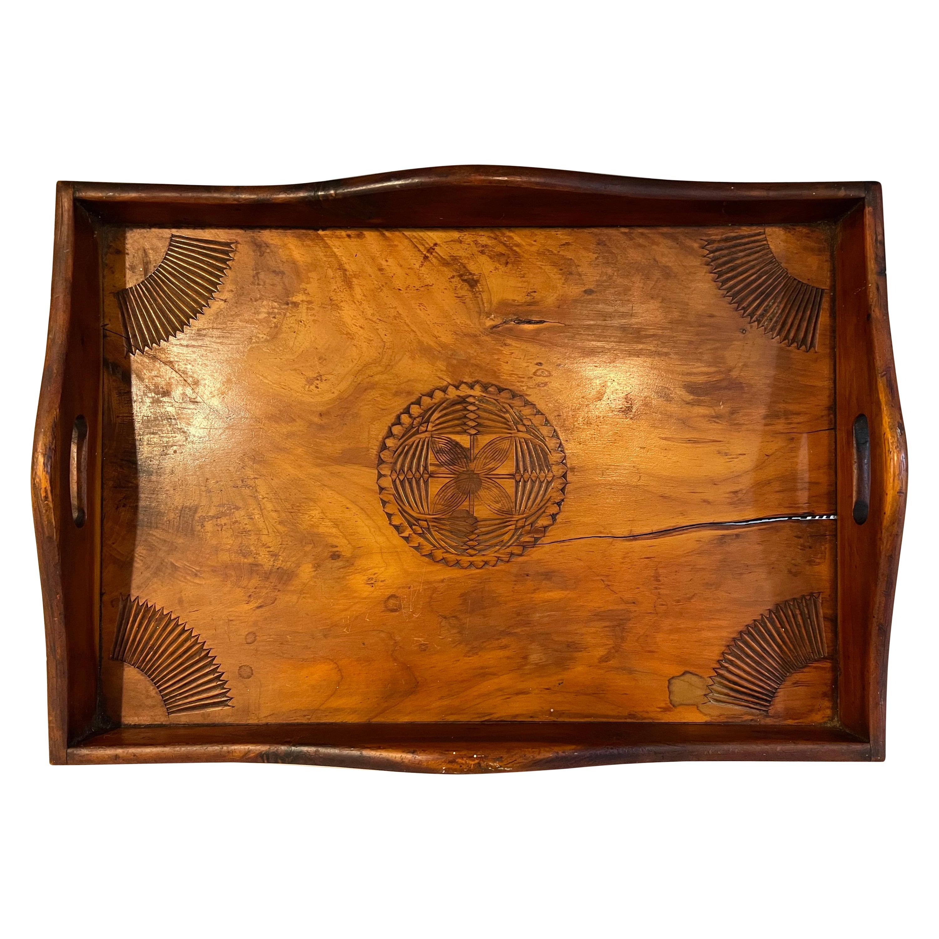 Primitive Folk Art Wooden Tray For Sale