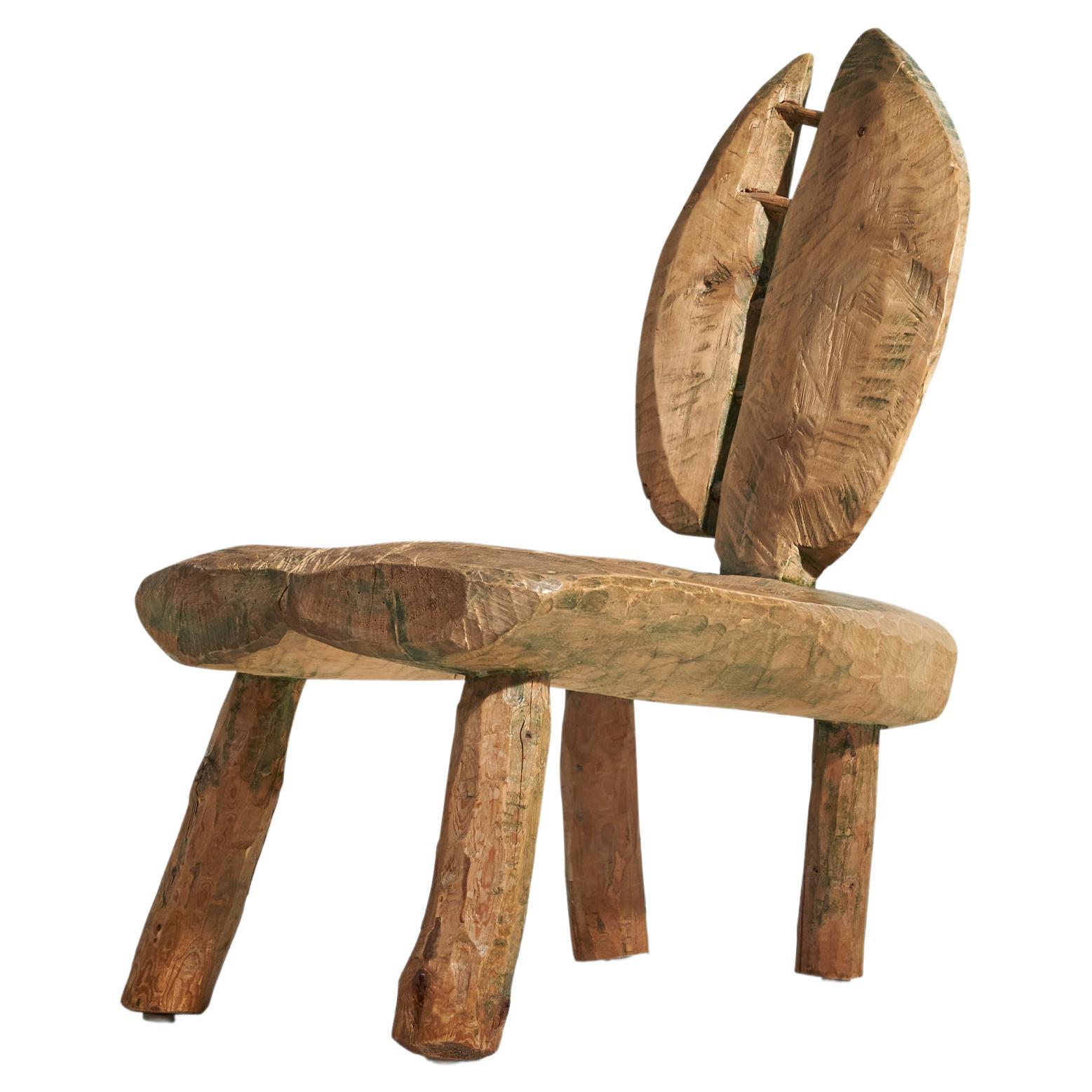 Swedish Designer, Primitive Freeform Lounge Chair, Painted Wood, Sweden, c 1960s For Sale