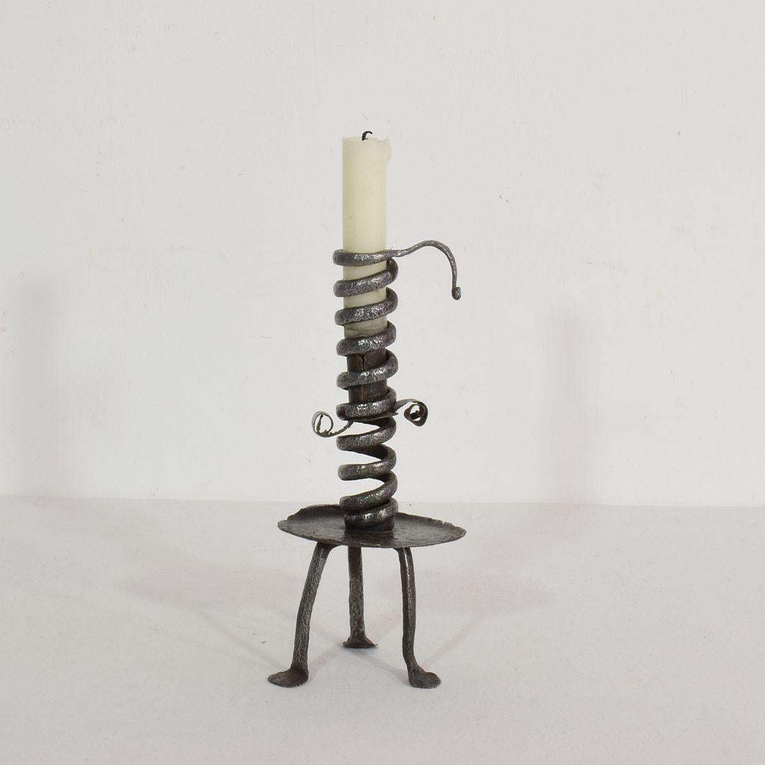 Wrought iron rat de cave candleholder, Normandie, France, 18th century. Weathered.