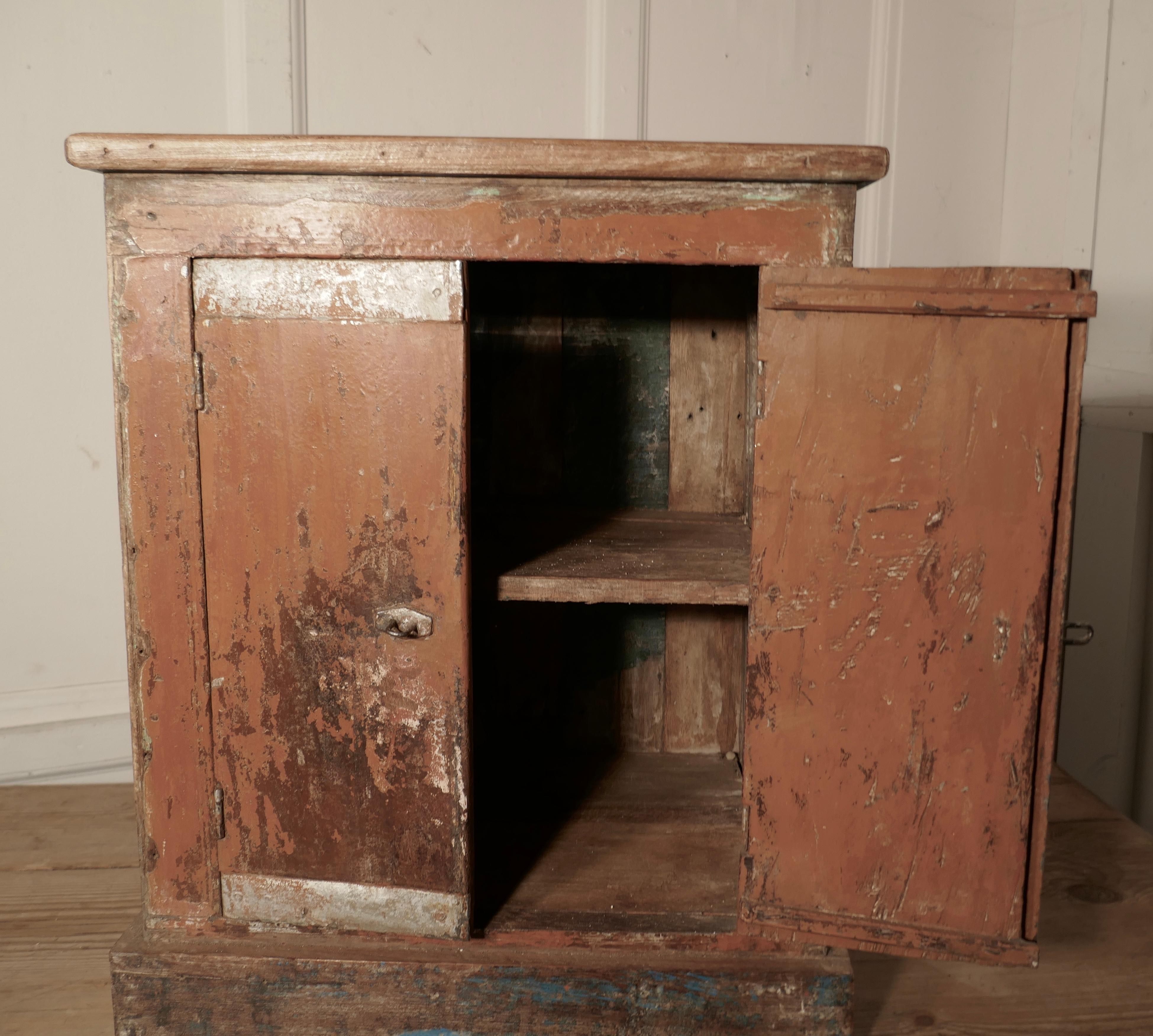 19th Century Primitive French Rustic 2-Door Cupboard with Distressed Worn Paint For Sale
