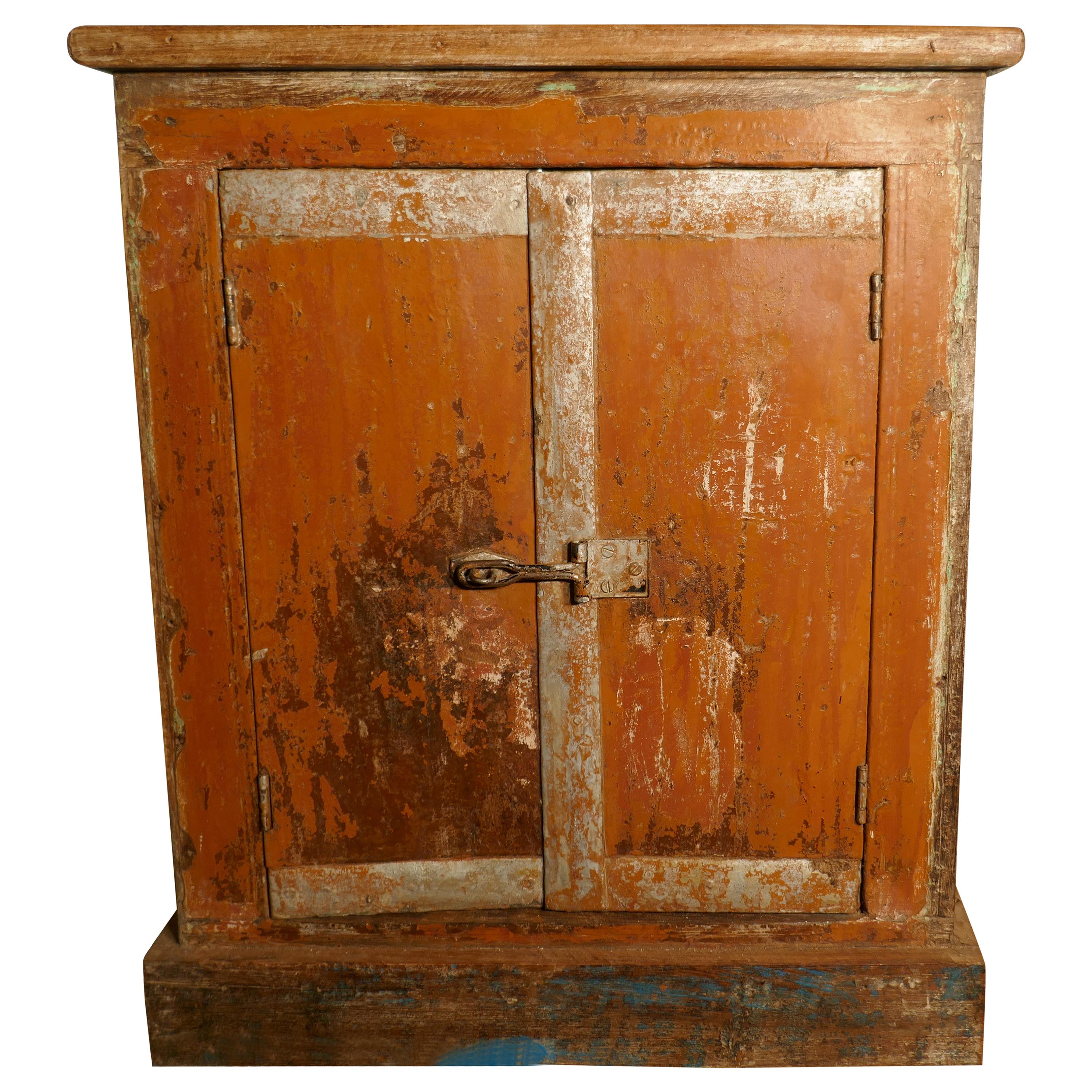 Primitive French Rustic 2-Door Cupboard with Distressed Worn Paint For Sale