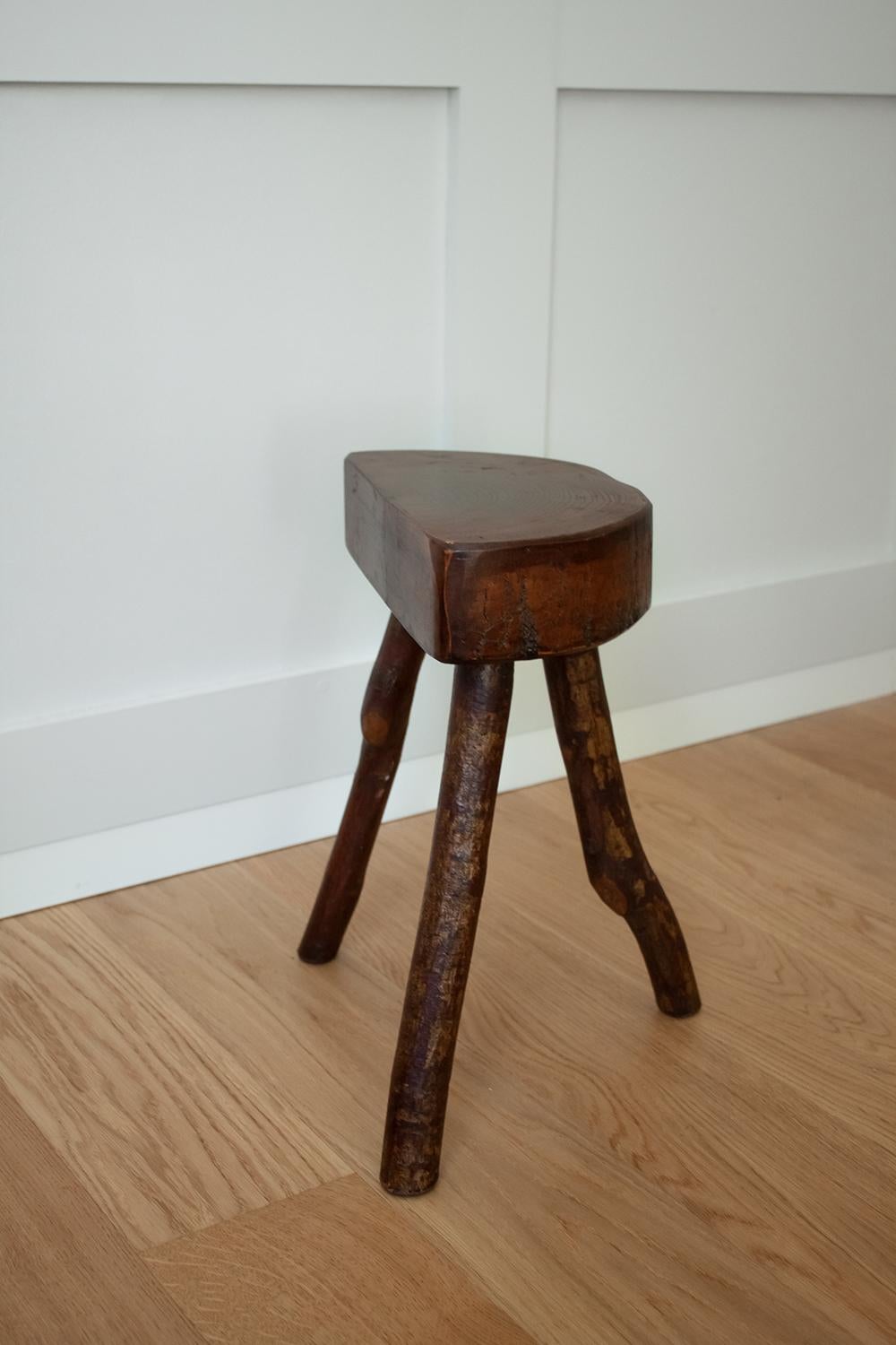 Hand-Carved Primitive french three legged wood stool