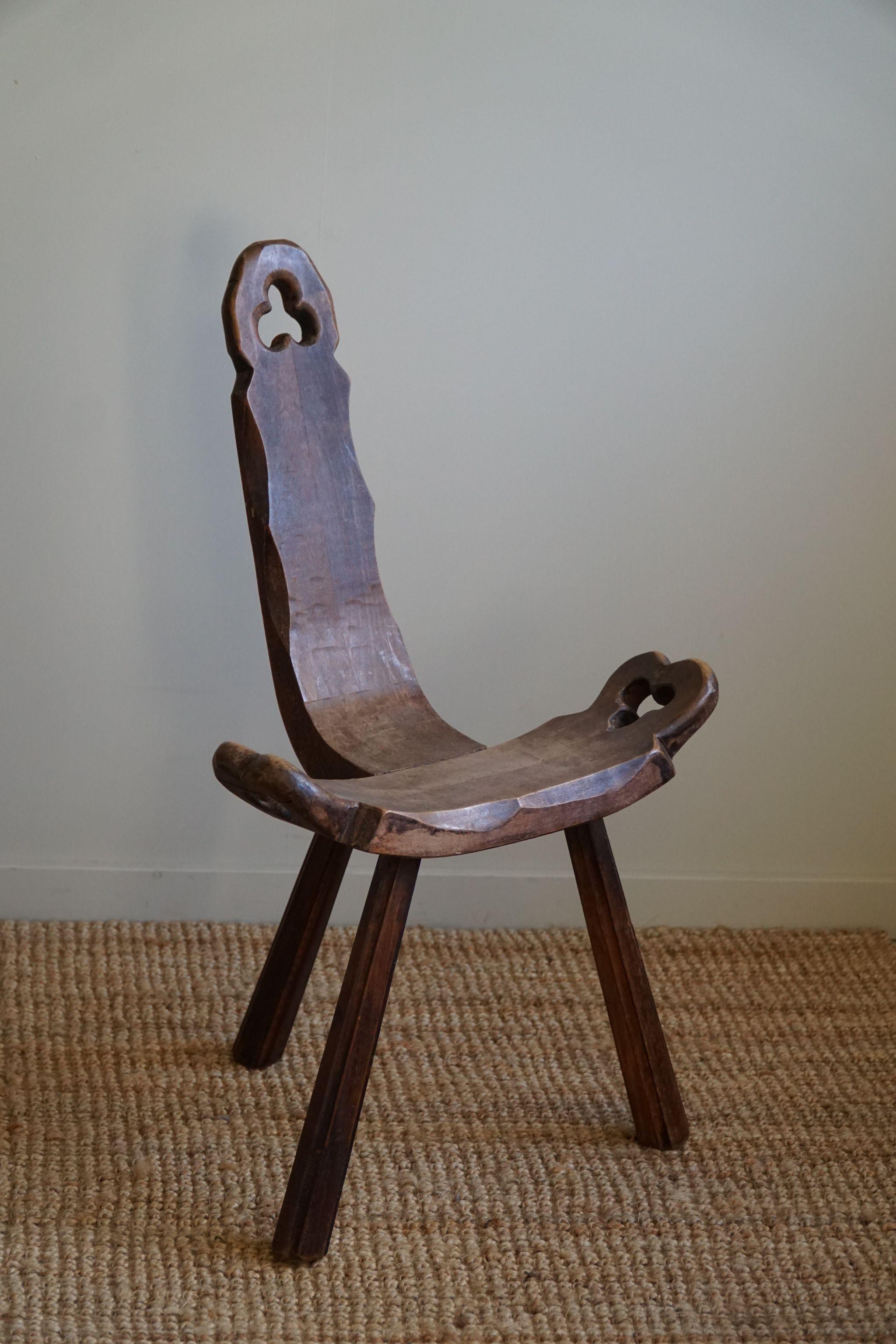 Primitive French Wooden Carved Tripod Chair, Wabi Sabi Style, Early 20th Century 4