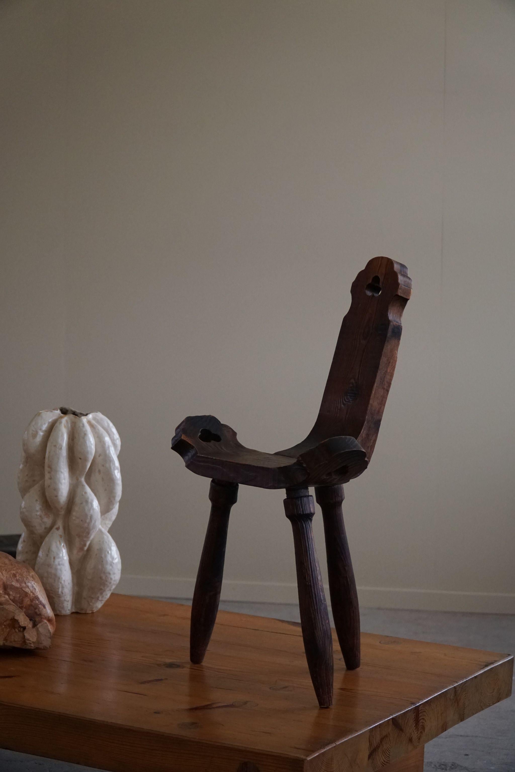 Primitive French Wooden Carved Tripod Chair, Wabi Sabi Style, Early 20th Century 7