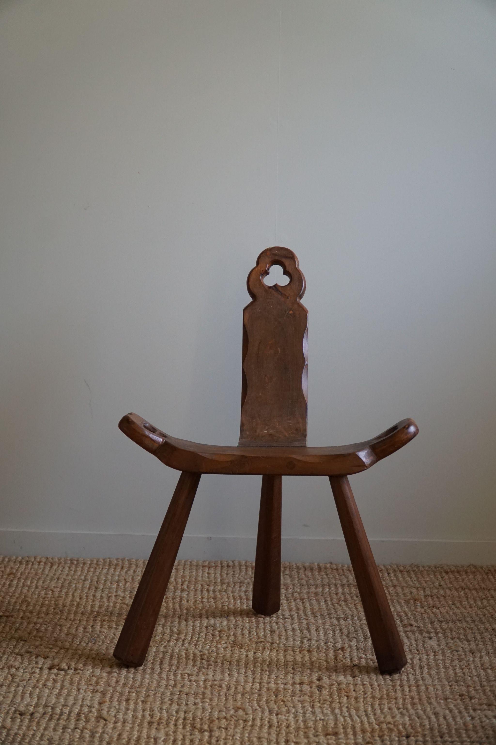 Primitive French Wooden Carved Tripod Chair, Wabi Sabi Style, Early 20th Century 5