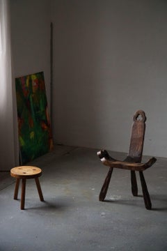 Primitive French Wooden Carved Tripod Chair, Wabi Sabi Style, Early 20th Century