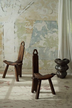 Primitive French Wooden Carved Tripod Chair, Wabi Sabi Style, Early 20th Century