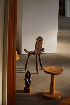 Primitive French Wooden Carved Tripod Chair, Wabi Sabi Style, Early 20th Century