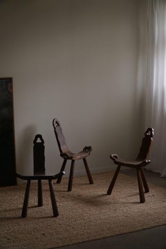 Primitive French Wooden Carved Tripod Chair, Wabi Sabi Style, Early 20th Century
