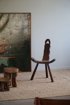 Primitive French Wooden Carved Tripod Chair, Wabi Sabi Style, Early 20th Century