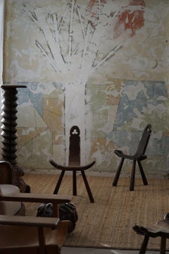 Rustic French Wooden Carved Tripod Chair, Wabi Sabi Style, Early 20th Century