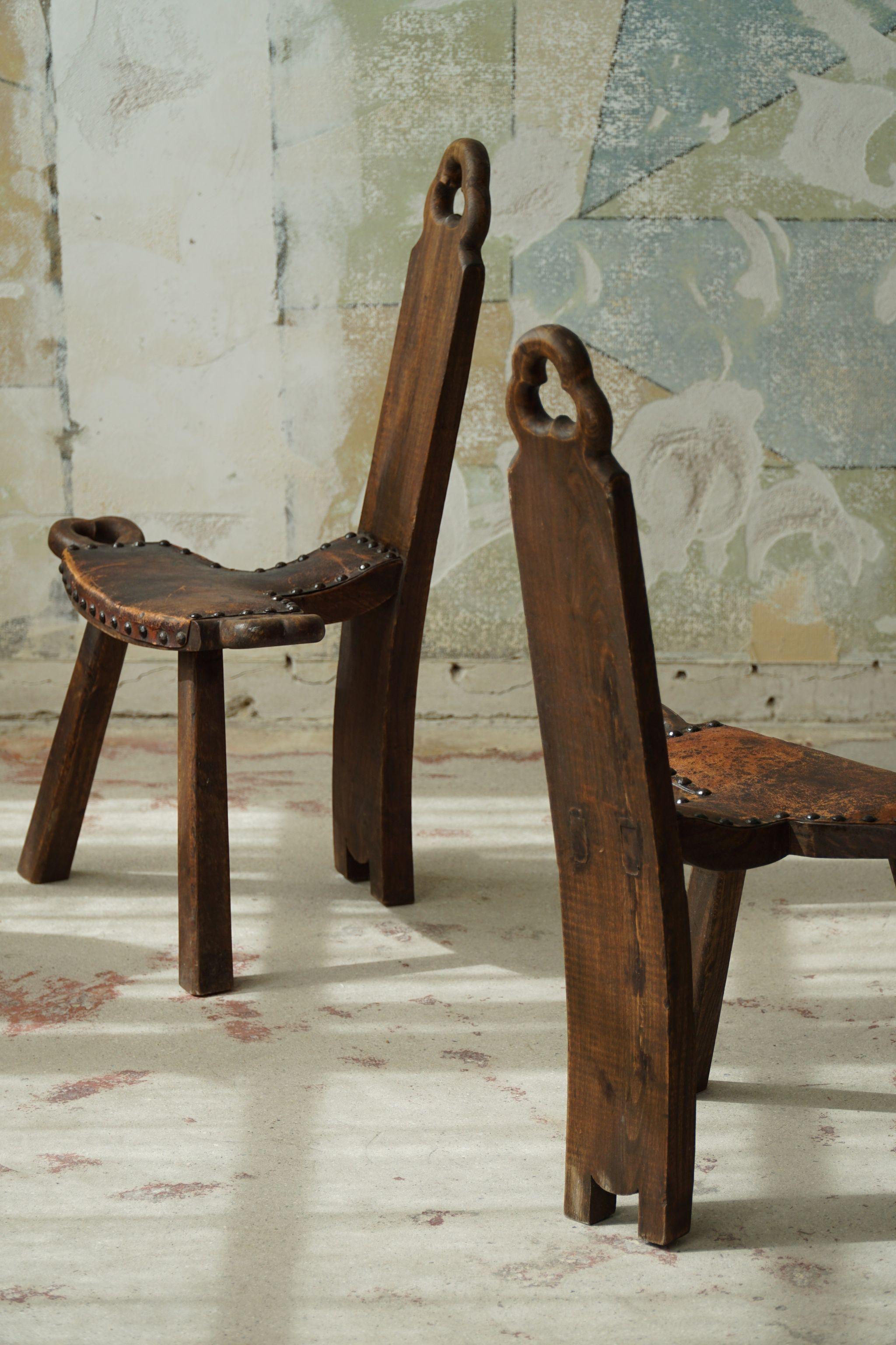 Hand-Carved Primitive French Wooden Carved Tripod Chair, Wabi Sabi Style, Early 20th Century