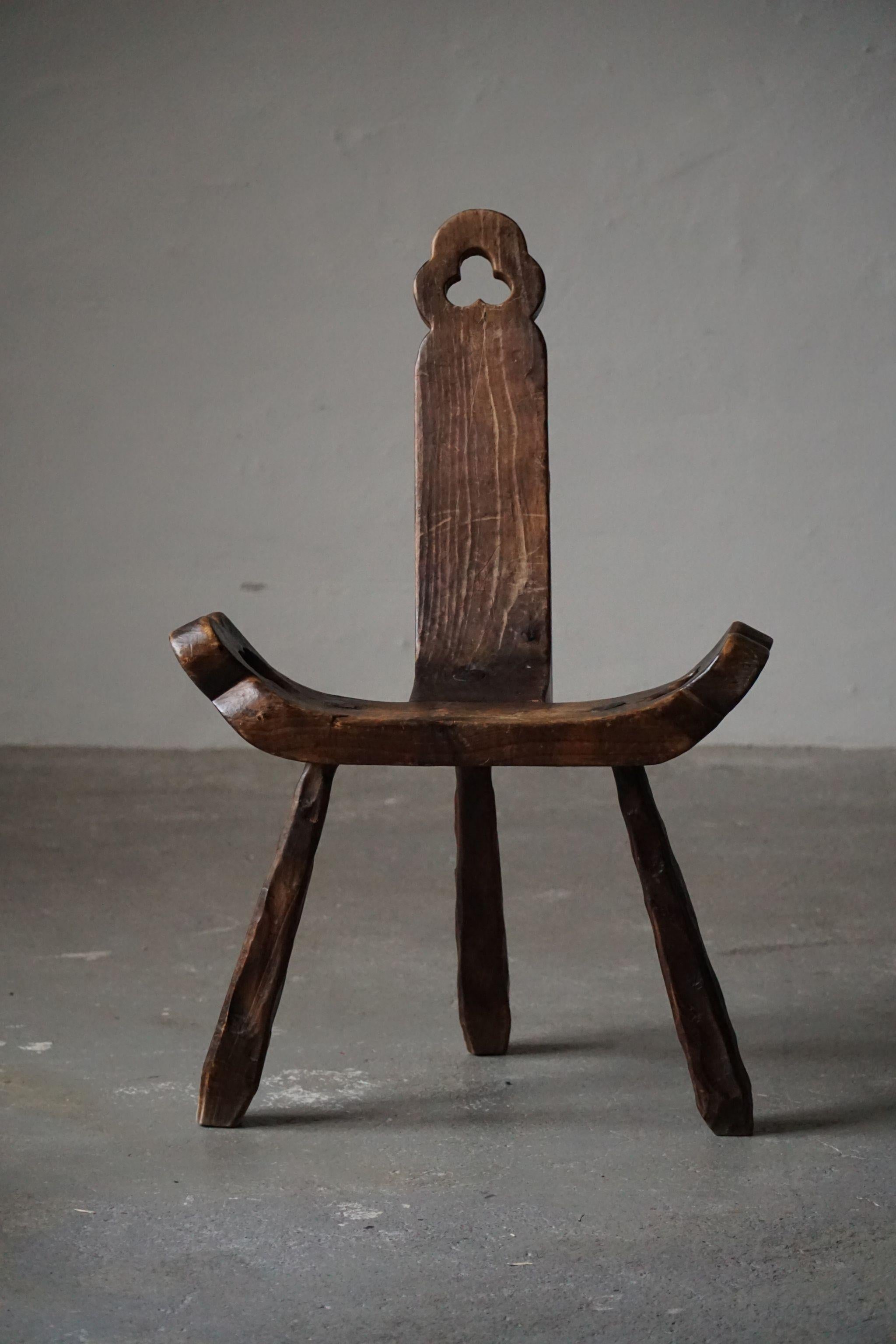 Brutalist Primitive French Wooden Carved Tripod Chair, Wabi Sabi Style, Early 20th Century