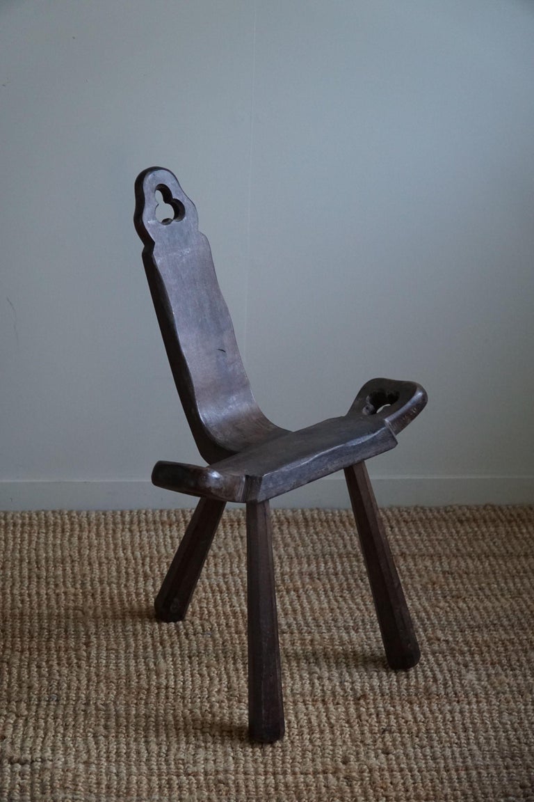 Primitive French Wooden Carved Tripod Chair, Wabi Sabi Style