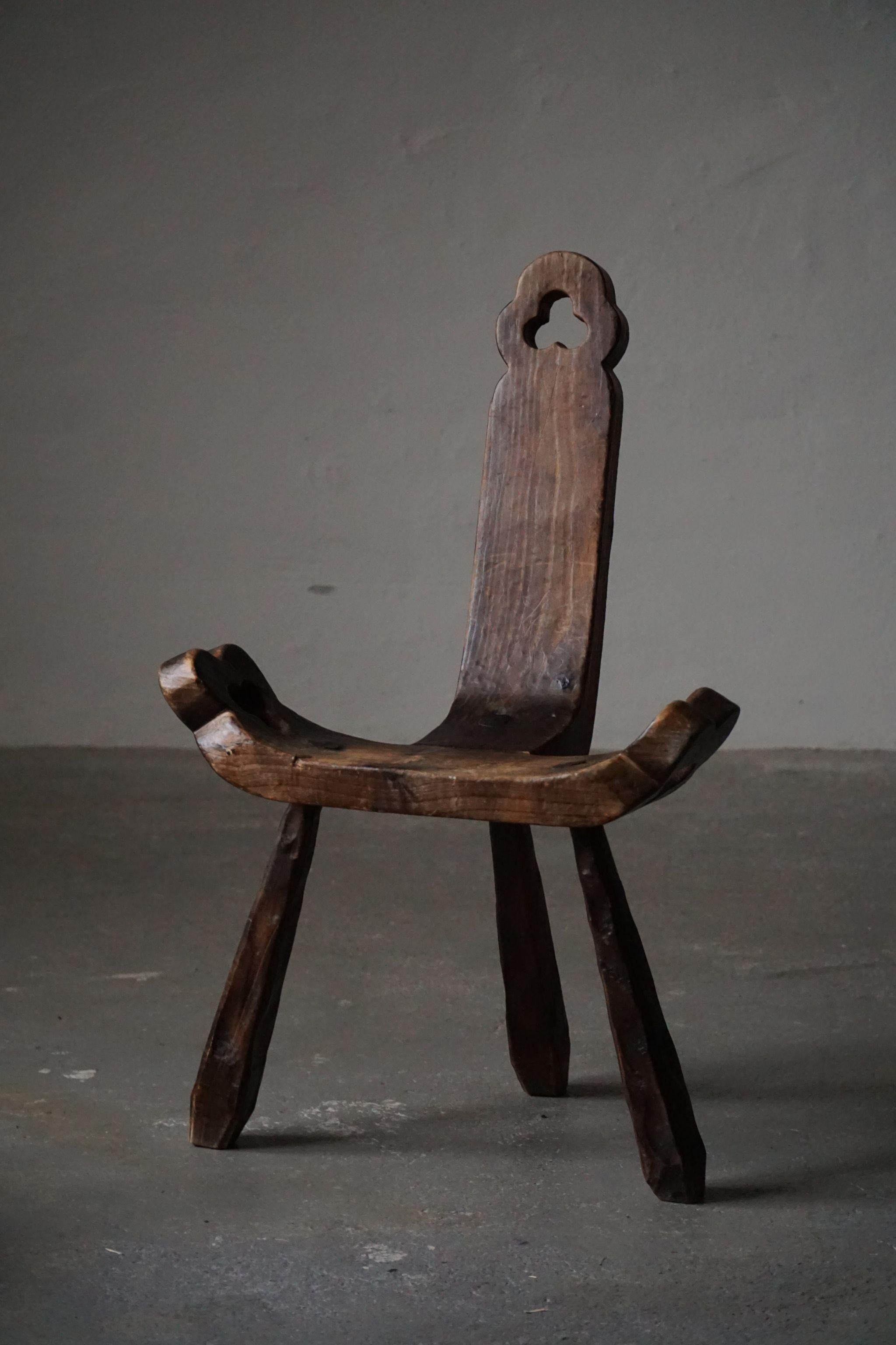Primitive French Wooden Carved Tripod Chair, Wabi Sabi Style, Early 20th Century 1