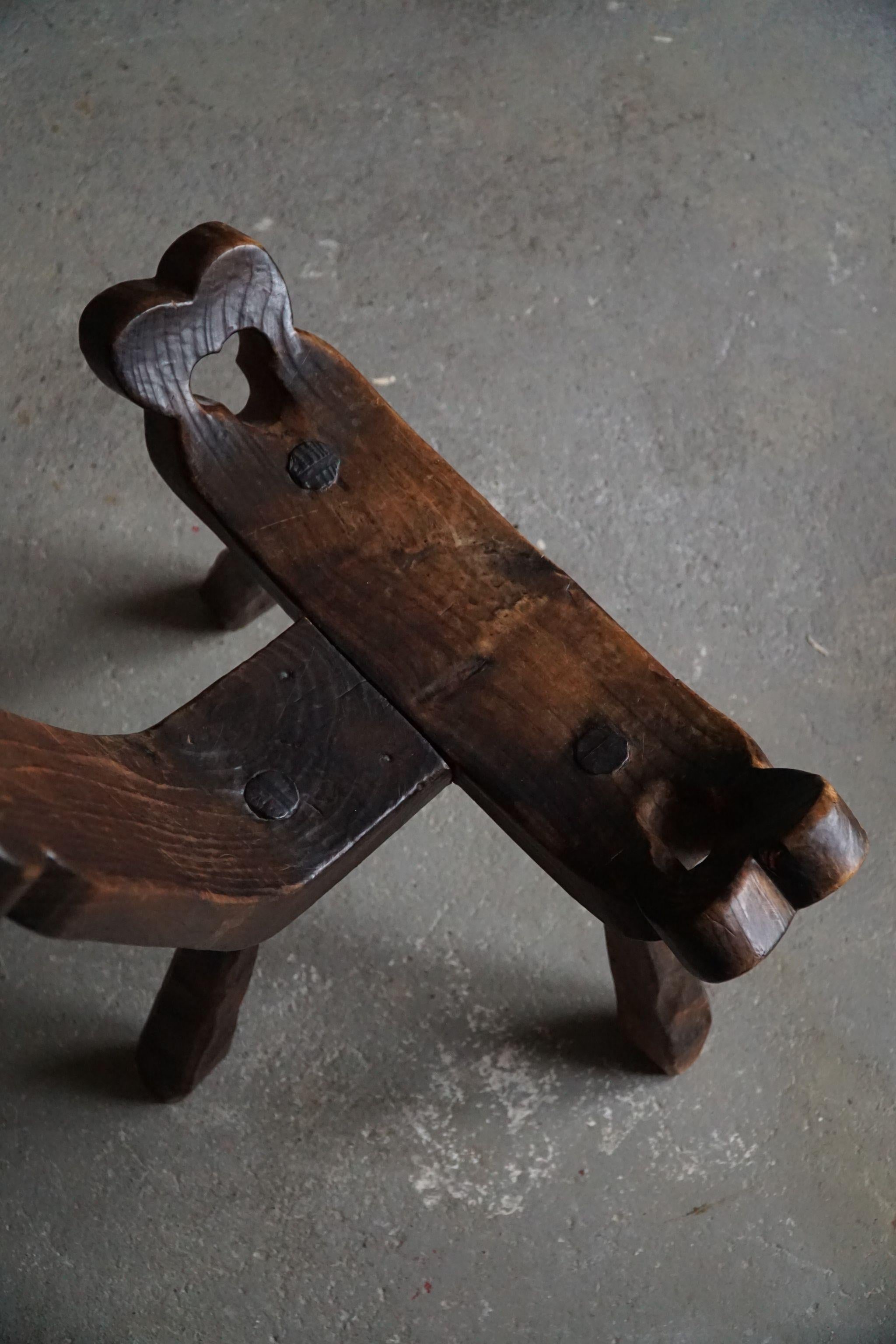 Primitive French Wooden Carved Tripod Chair, Wabi Sabi Style, Early 20th Century 2