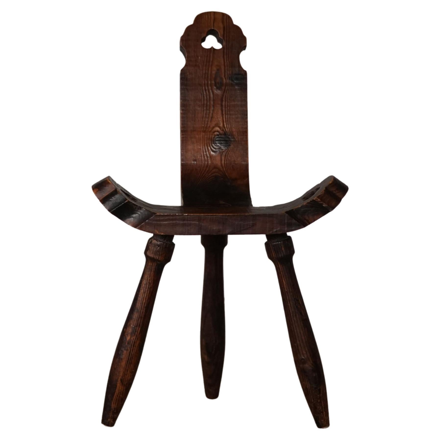 Primitive French Wooden Carved Tripod Chair, Wabi Sabi Style, Early 20th Century