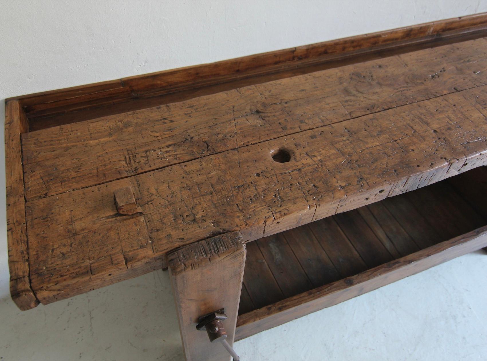 Primitive French Wooden Workbench Console Table For Sale 4