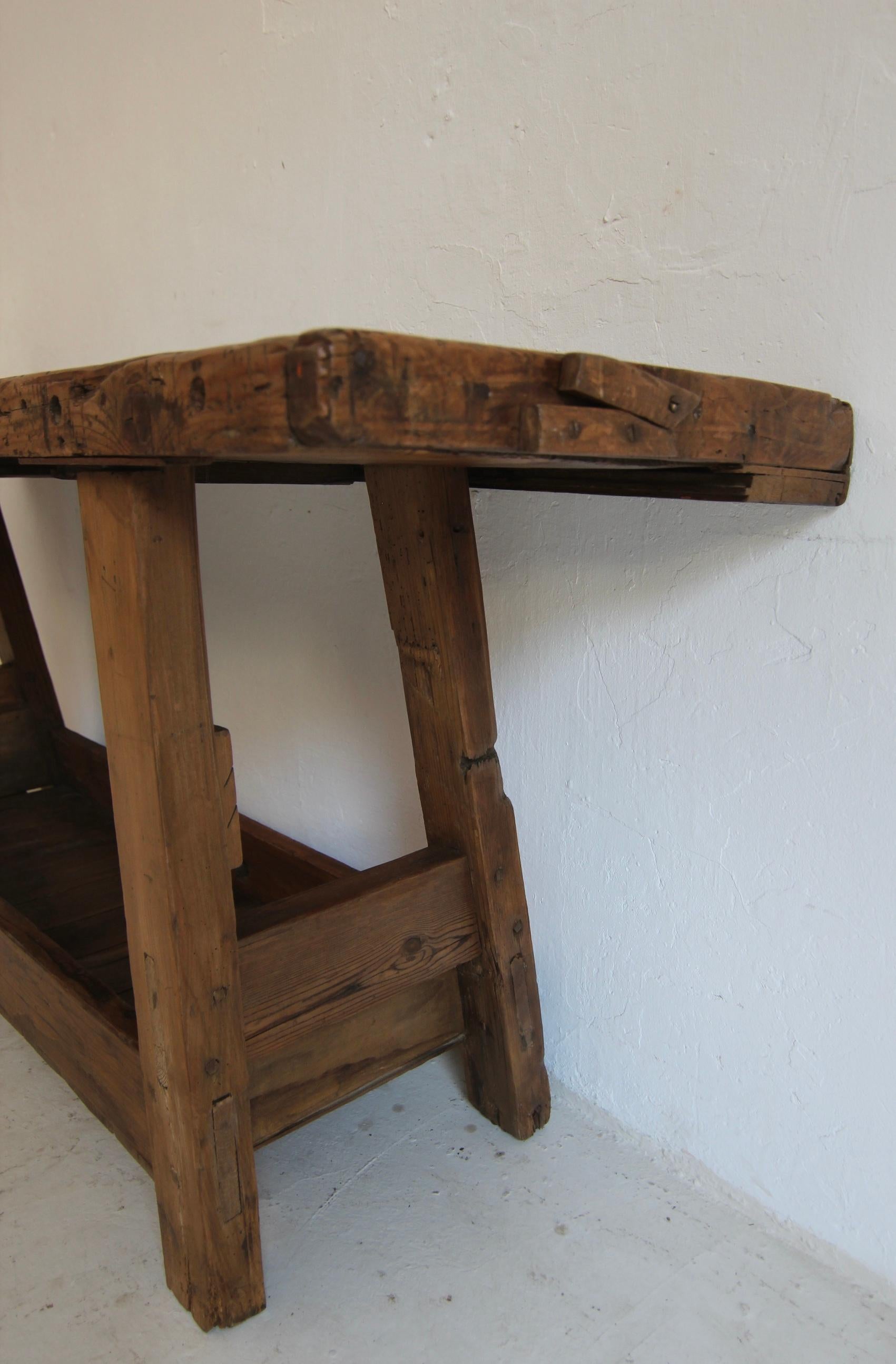 Primitive French Wooden Workbench Console Table For Sale 6