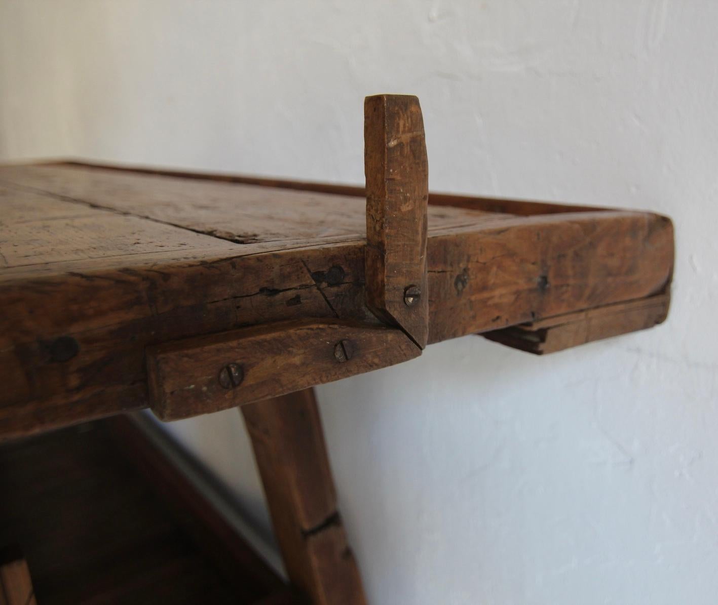 Primitive French Wooden Workbench Console Table For Sale 7