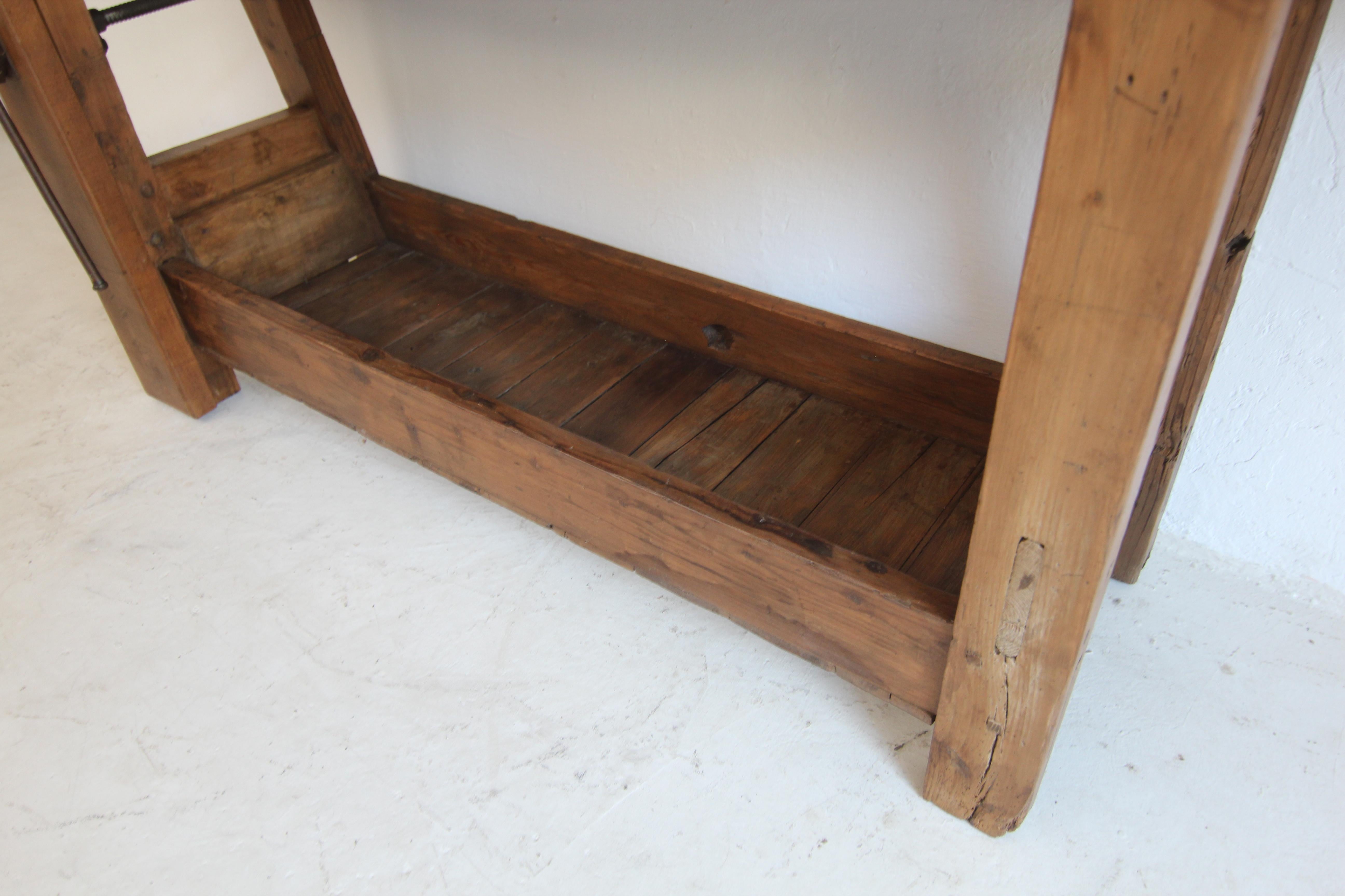 Primitive French Wooden Workbench Console Table For Sale 9