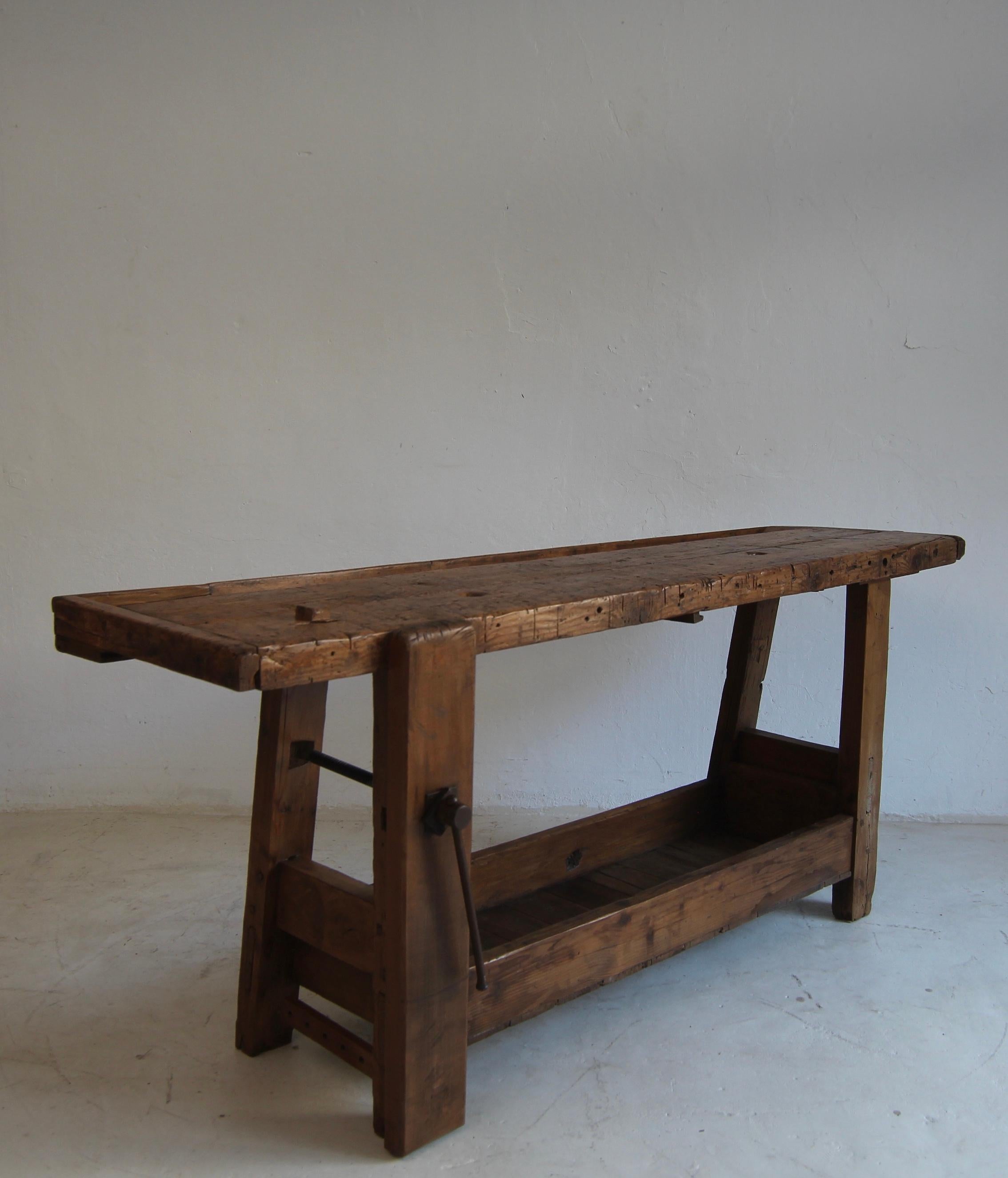 Primitive French Wooden Workbench Console Table For Sale 10