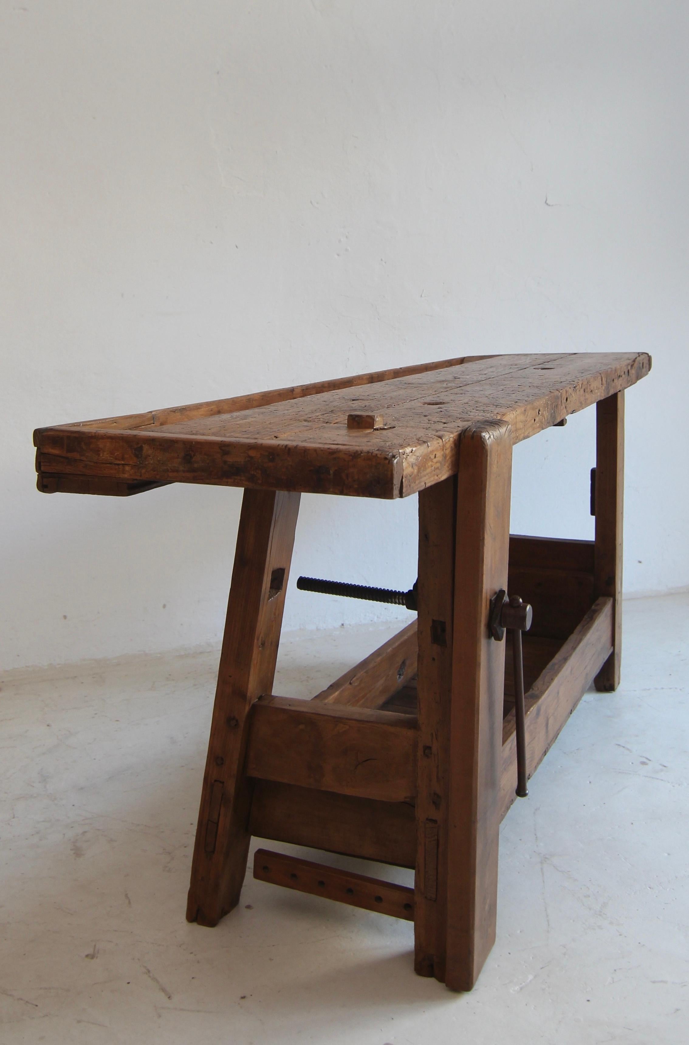 Primitive French Wooden Workbench Console Table For Sale 11
