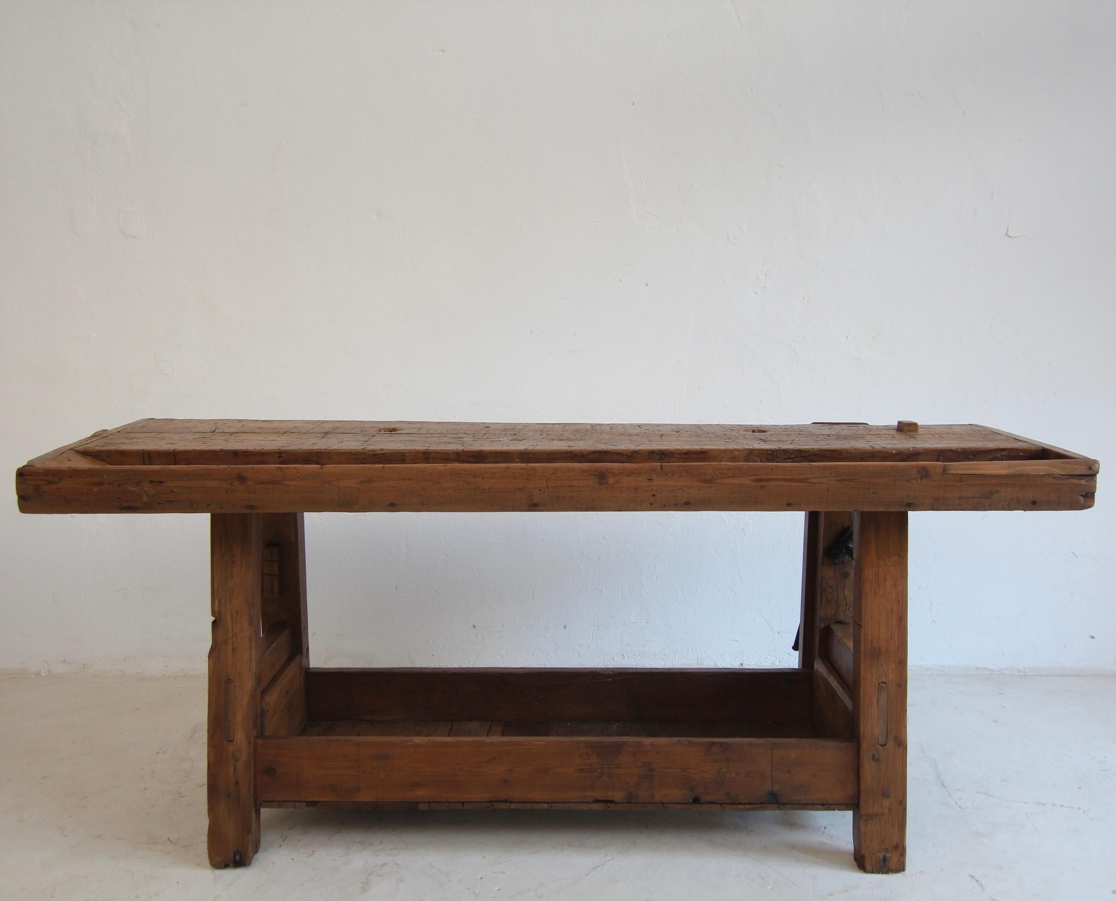 Primitive French Wooden Workbench Console Table For Sale 12