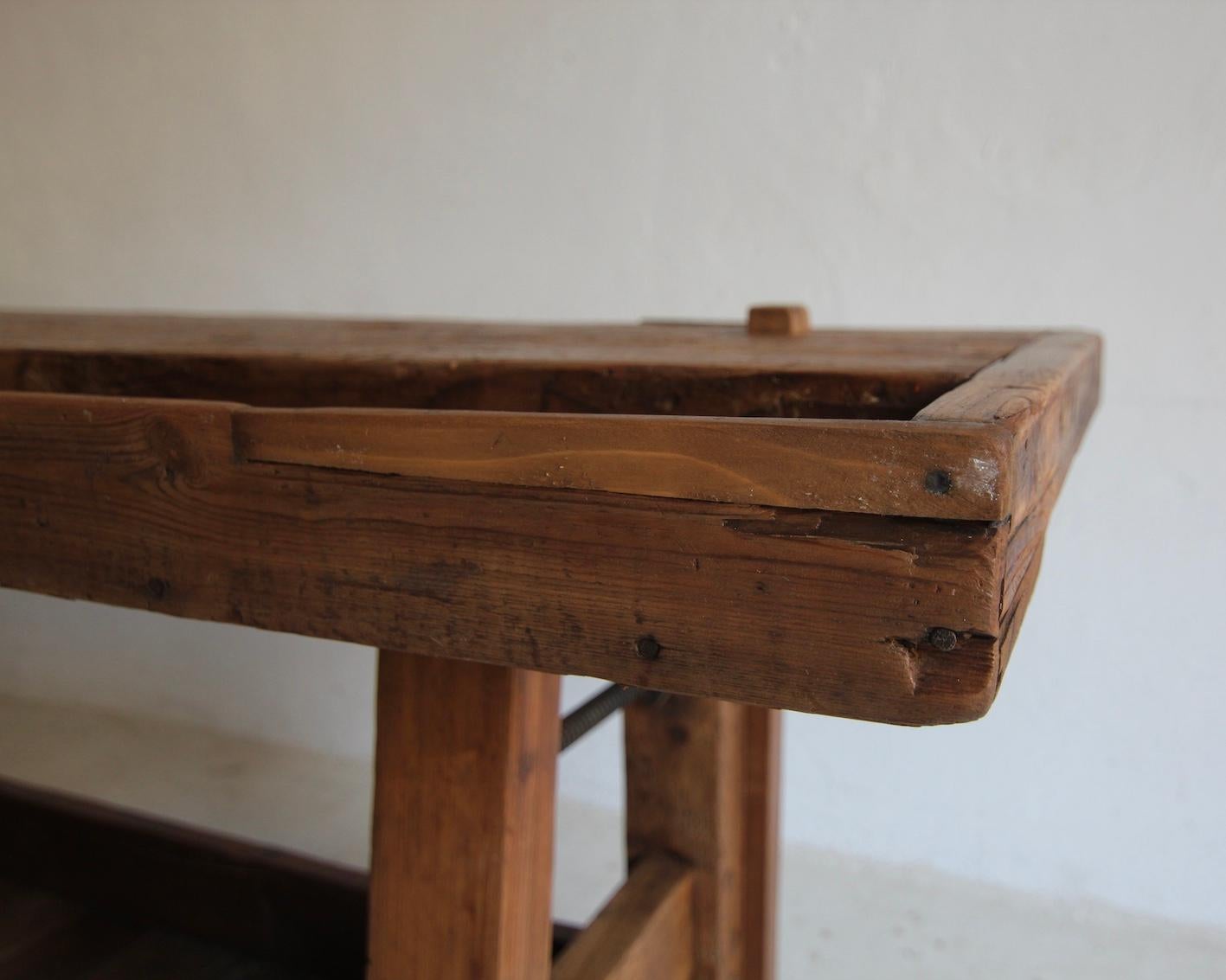 Primitive French Wooden Workbench Console Table For Sale 13
