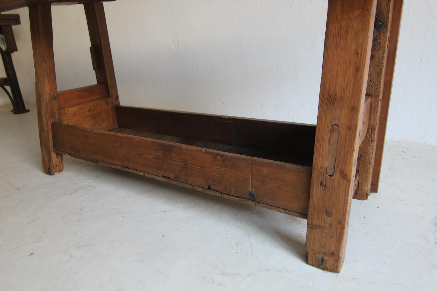 Primitive French Wooden Workbench Console Table For Sale 14