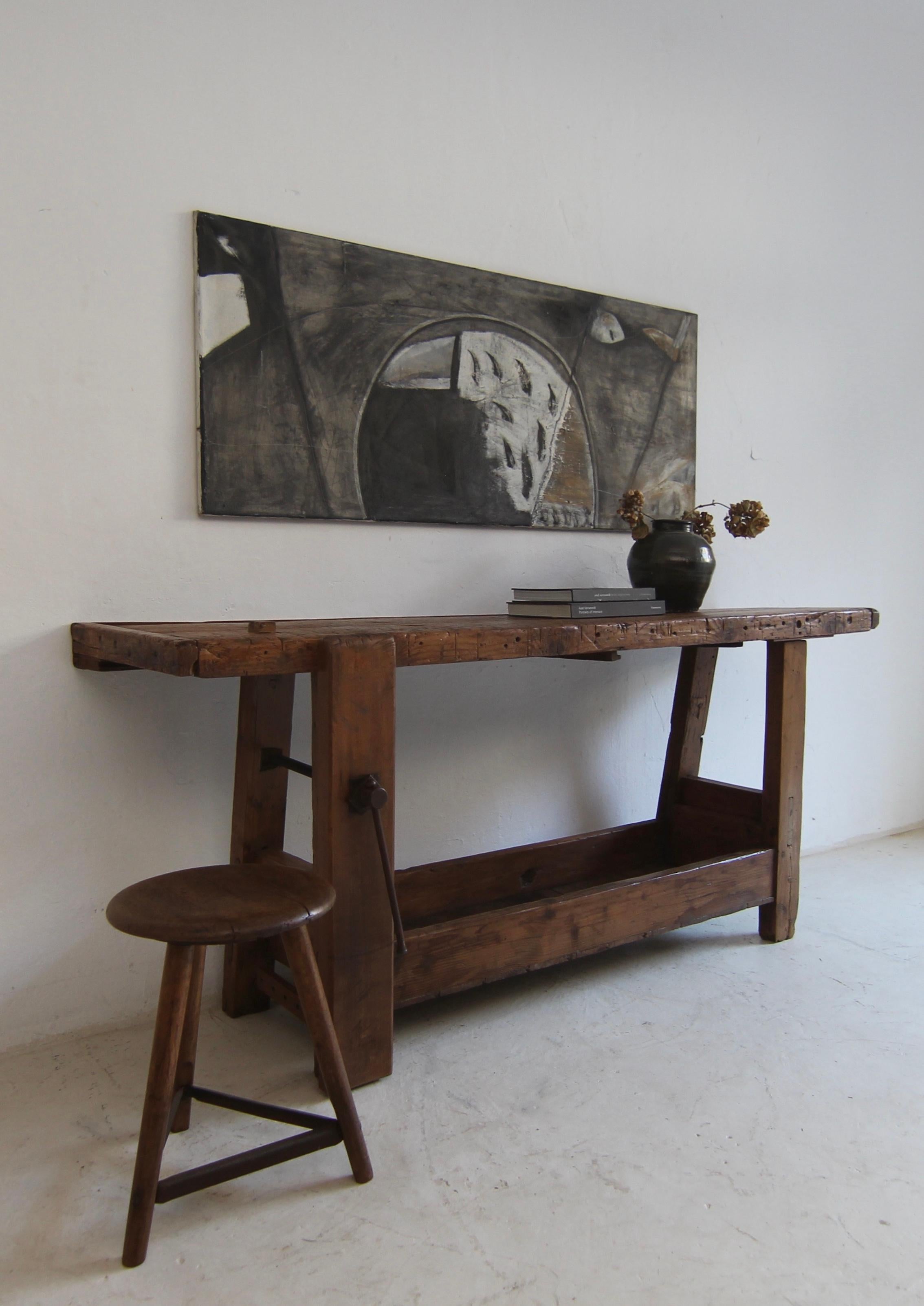 Industrial Primitive French Wooden Workbench Console Table For Sale