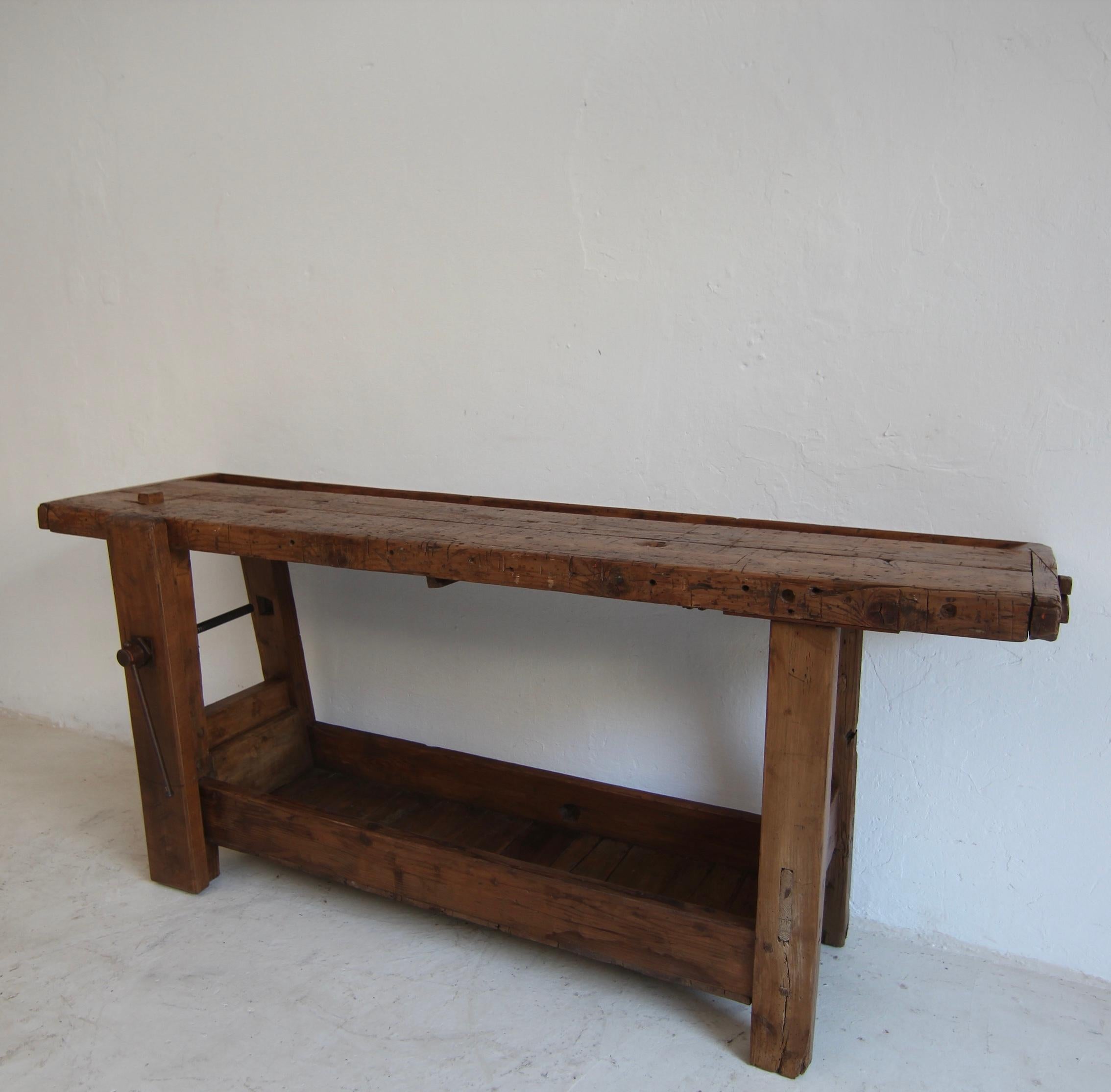20th Century Primitive French Wooden Workbench Console Table For Sale