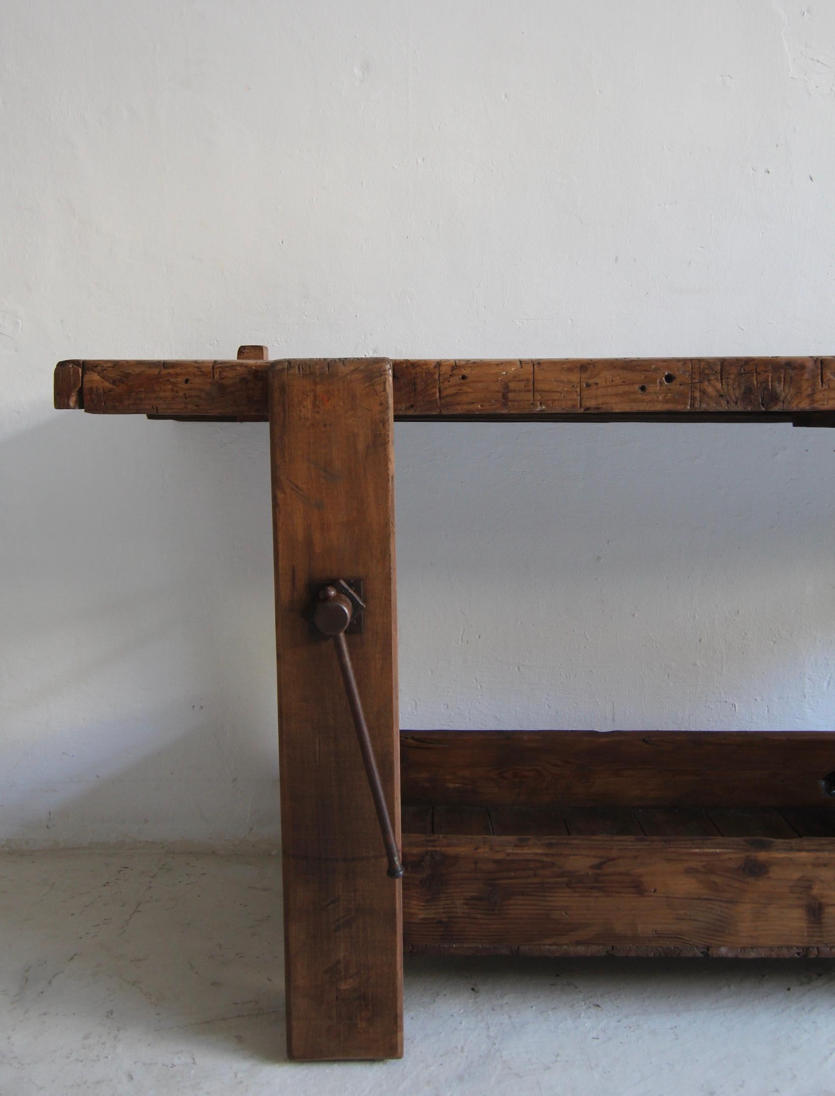 Pine Primitive French Wooden Workbench Console Table For Sale