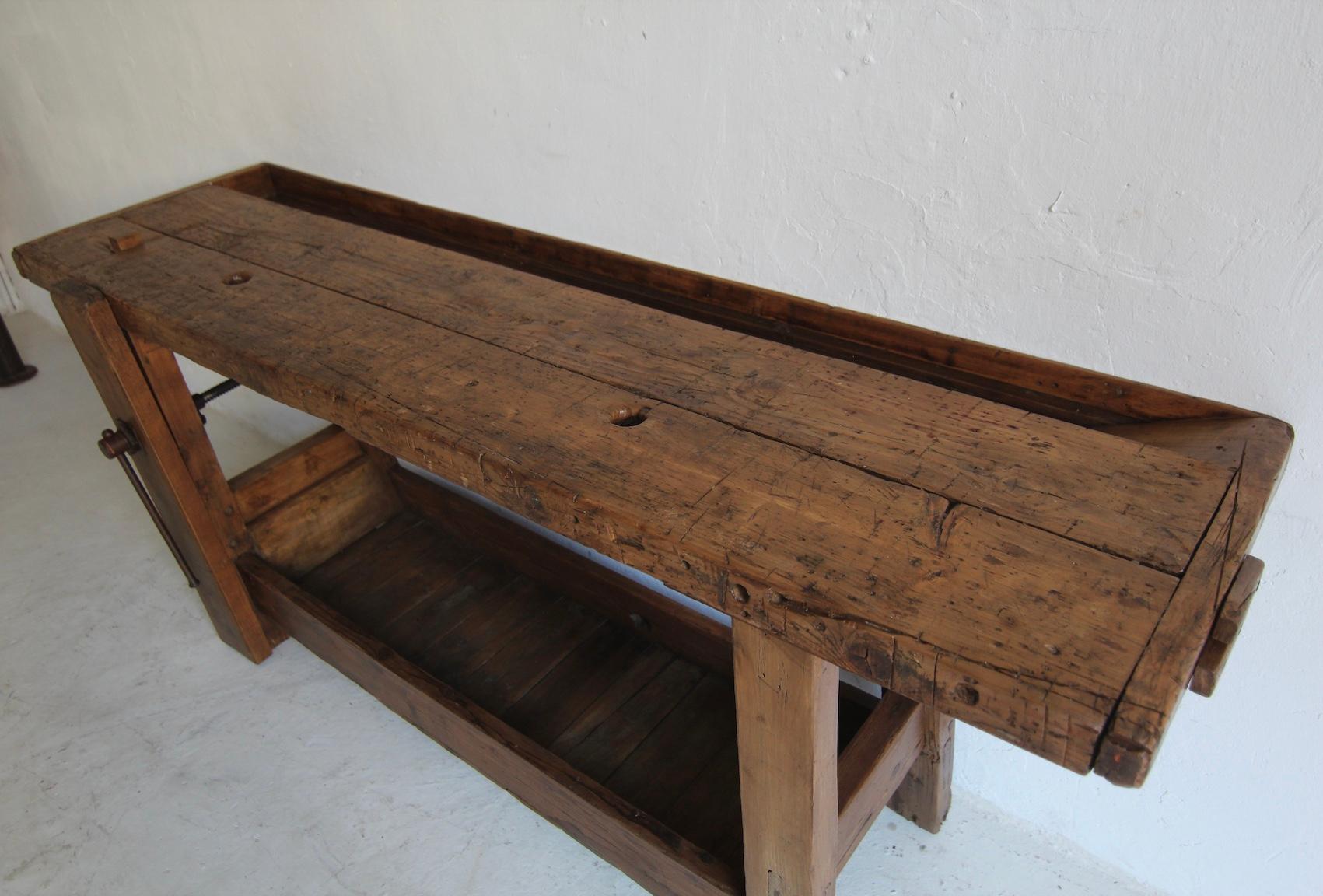 Primitive French Wooden Workbench Console Table For Sale 1