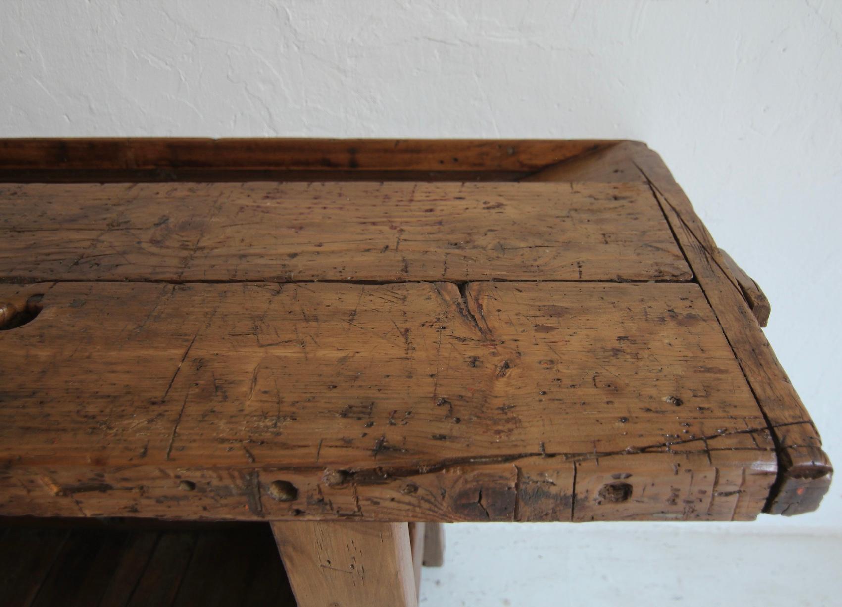 Primitive French Wooden Workbench Console Table For Sale 2