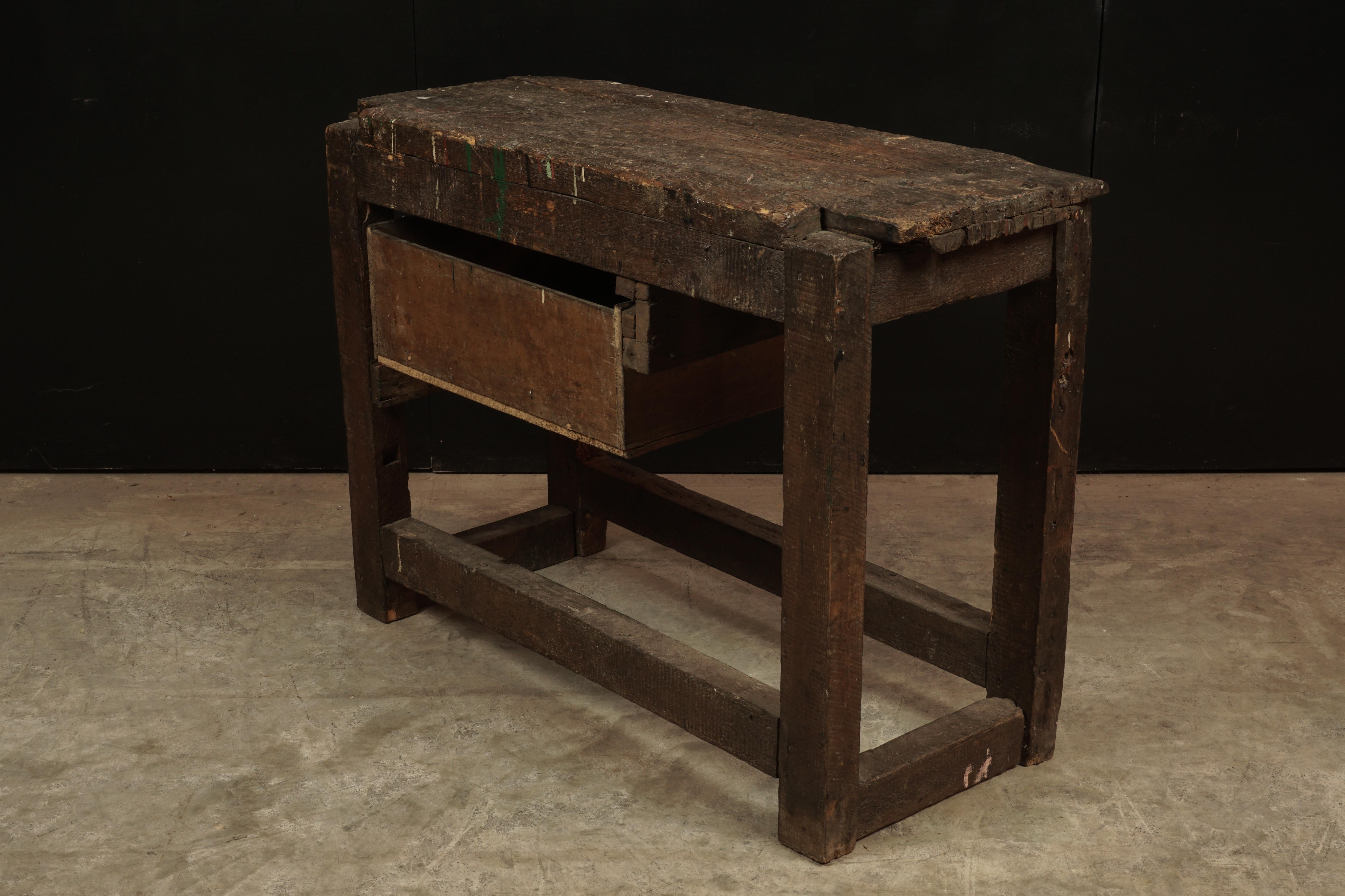 Pine Primitive French Work Console Table from France, circa 1940