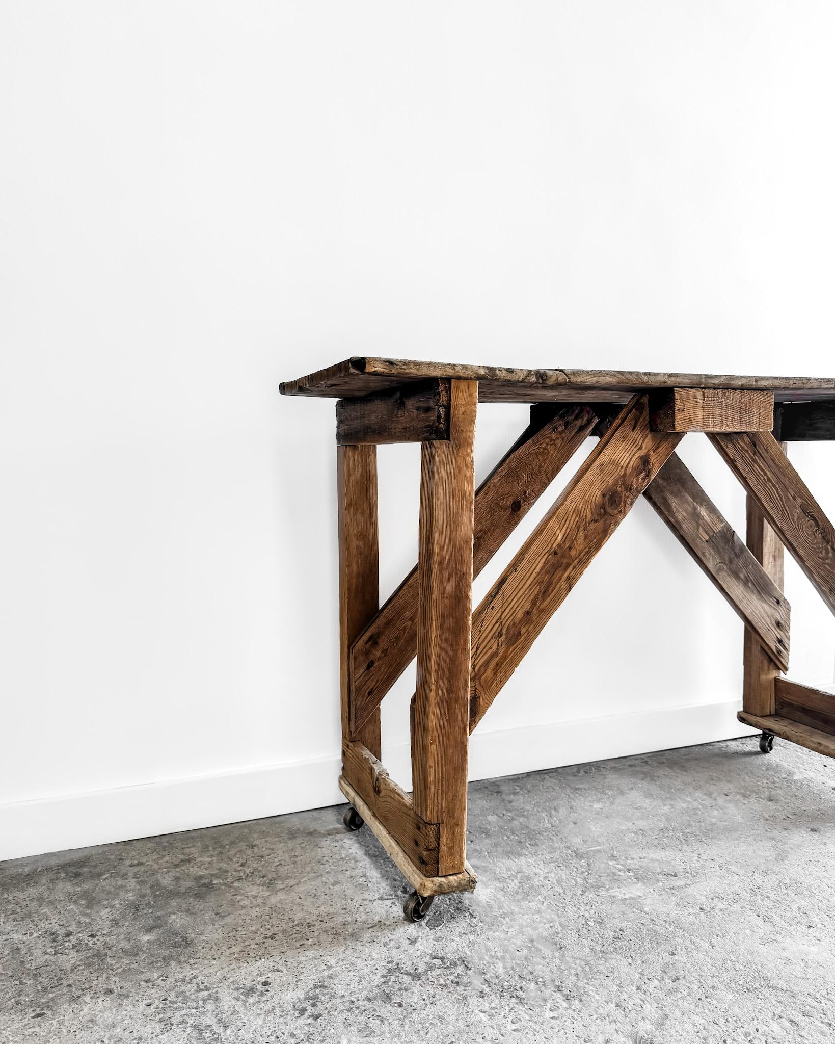 19th Century Primitive French Worktable on Wheels