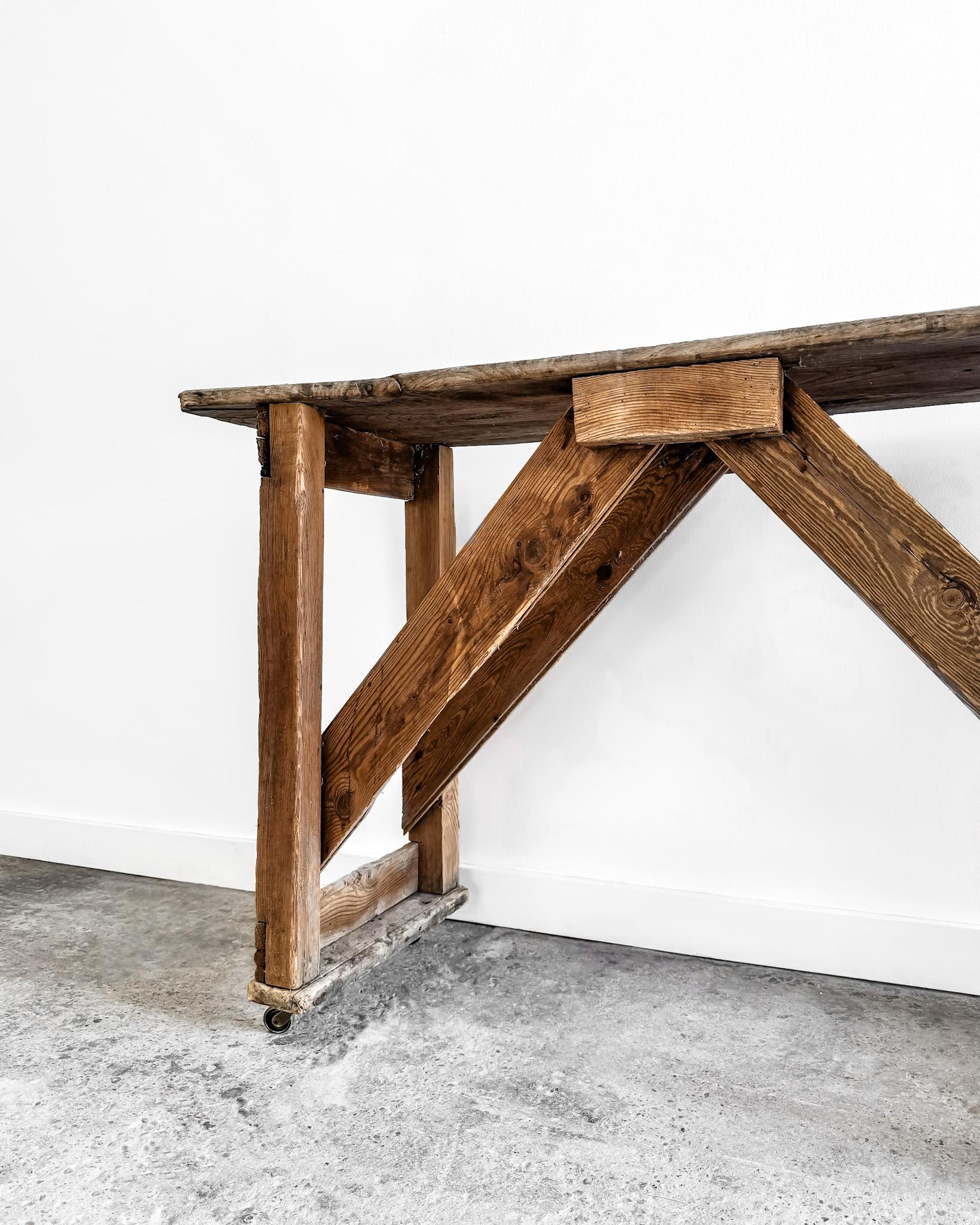 Wood Primitive French Worktable on Wheels
