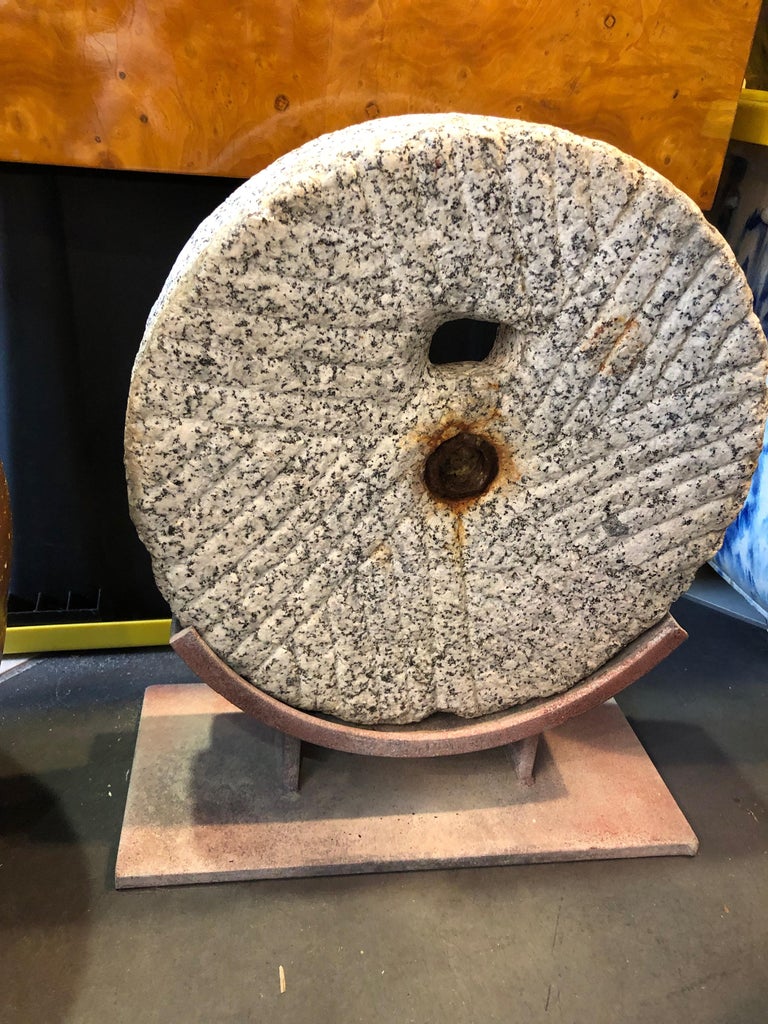 Primitive Grinding Stone Wheel on Iron Display For Sale at 1stDibs