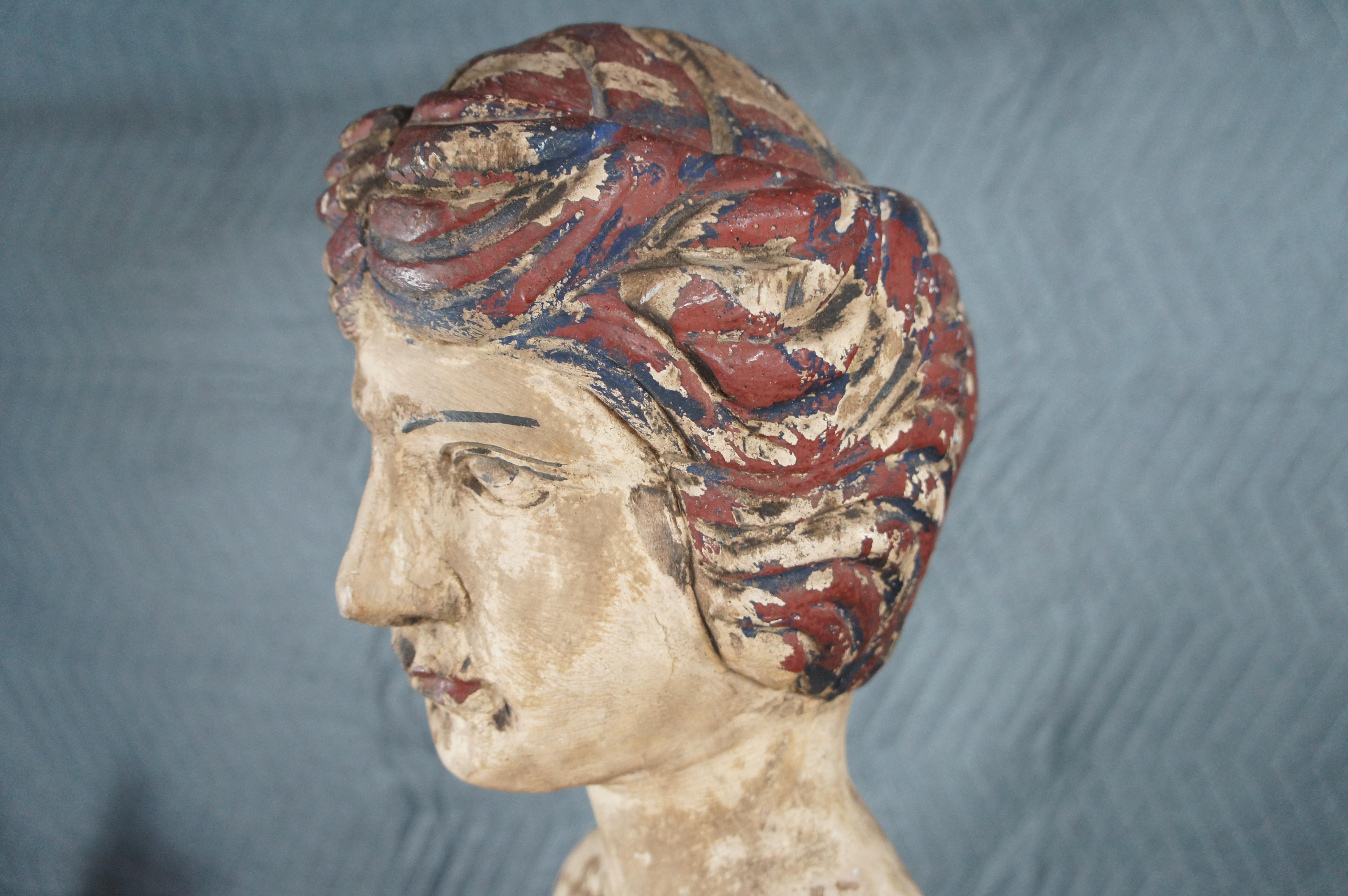 Primitive Hand Carved Polychrome Female Bust Renaissance Sculpture Statue 29