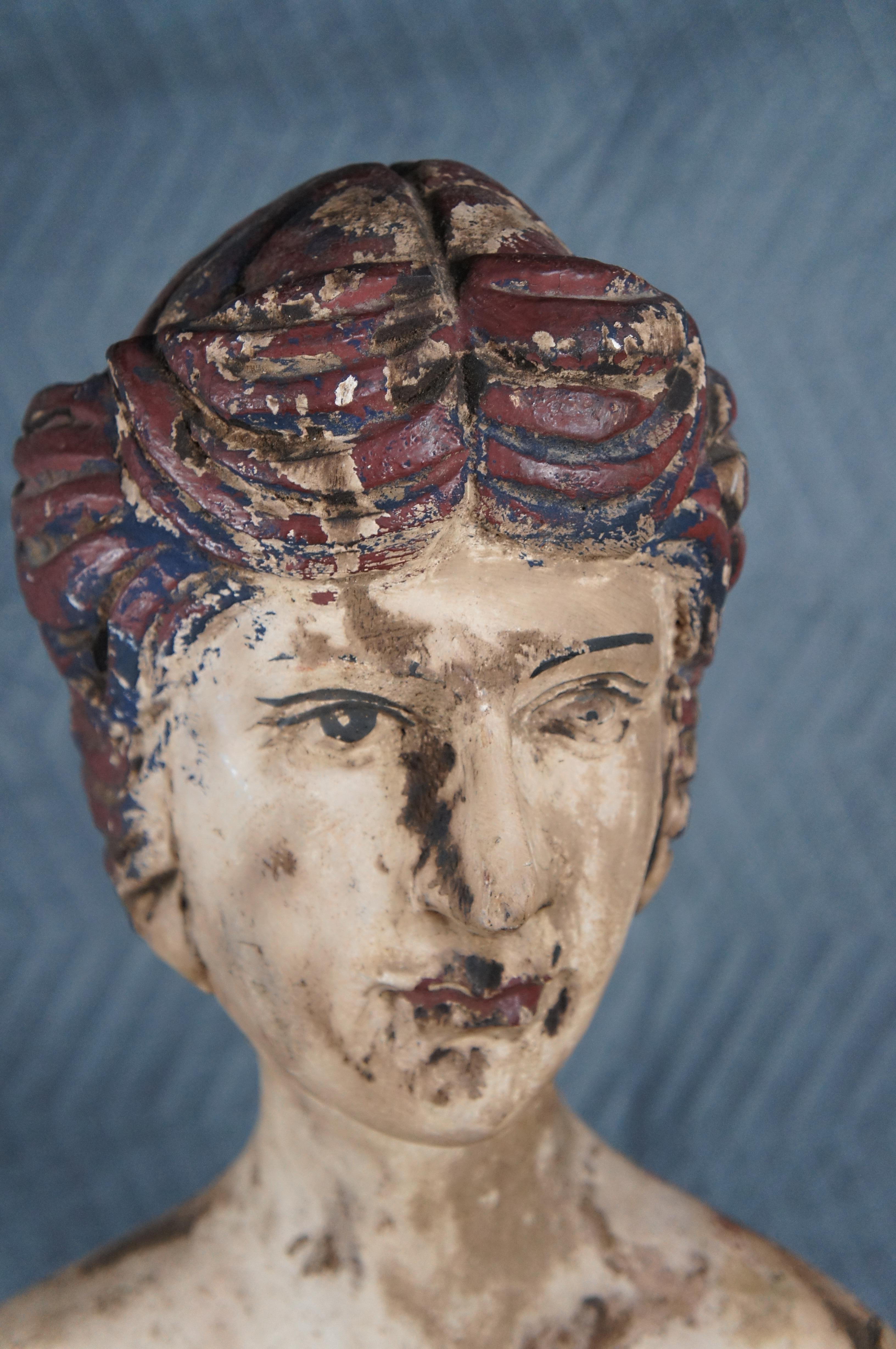 20th Century Primitive Hand Carved Polychrome Female Bust Renaissance Sculpture Statue 29