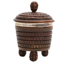 Primitive Hand Carved Tripodal Tea Caddy Box with Metal Trim, Belgium 1940's
